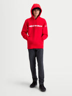 Alpinestars Race Wordmark huvtröja, röd och vit huvtröja för herrar, motorsport-inspirerad fritidströja i mjuk fleece. Innehåller tydlig linjär Alpinestars-ordlogotyp på bröstet och Ageless-logotyp på ärmen, självfodrad huva med dragsko, känguruficka, bekväm sporttröja.