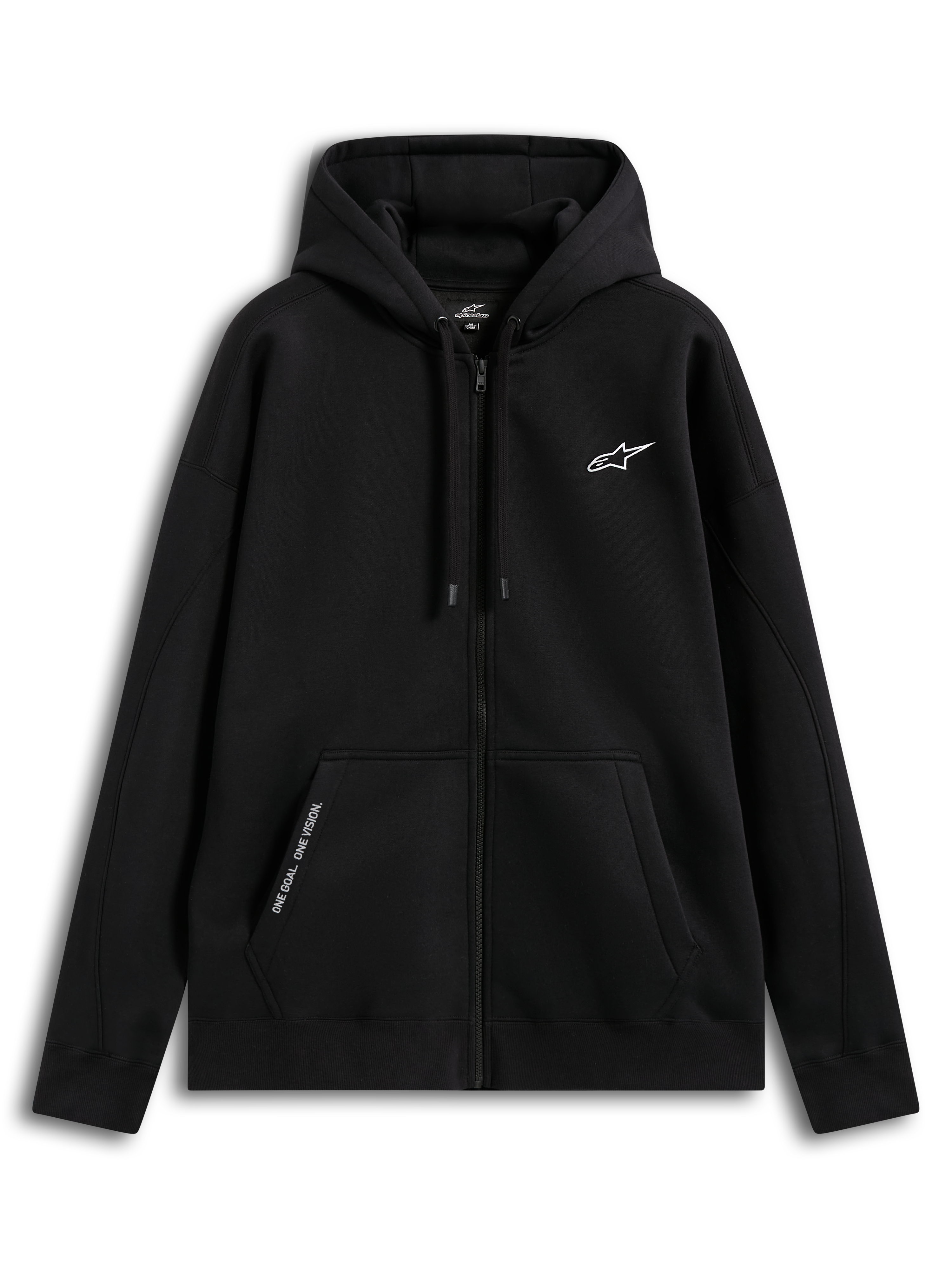 Alpinestars Pioneer Oversized Hoodie, Sportswear Zip Fleece for Men and Women, Black, features a relaxed fit with a Vislon front zipper, kangaroo pocket with embroidered 'ONE GOAL. ONE VISION.' text, self-lined hood with drawcords, and embroidered chest logo, 80% cotton and 20% recycled polyester construction.