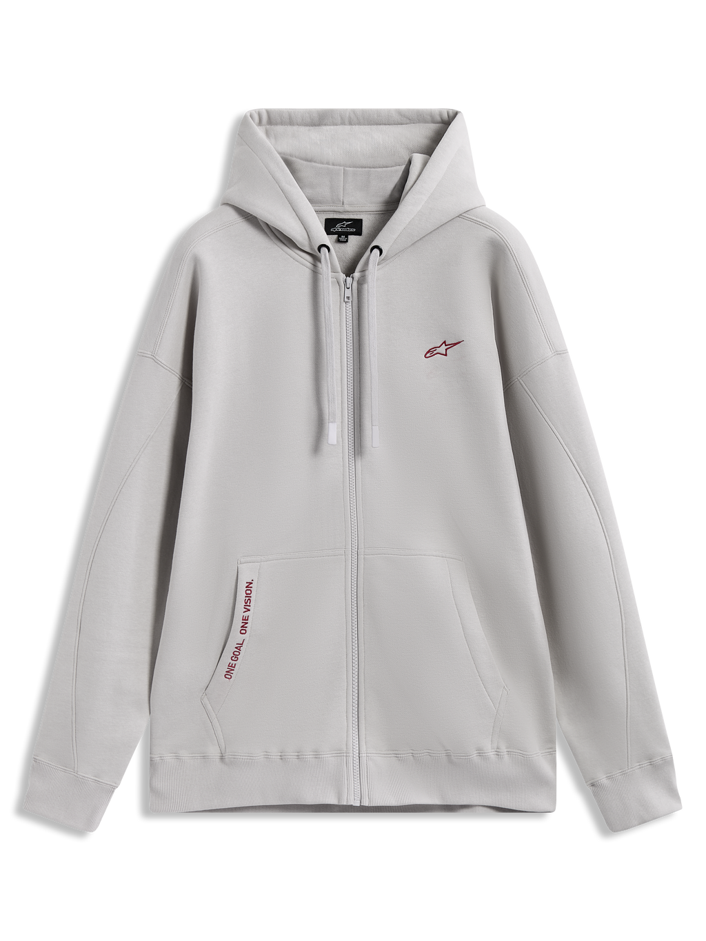 Alpinestars Pioneer Oversized huvtröja, cementgrå fleece med dragkedja, röda logotypdetaljer, känguruficka, bekväm sportswear.