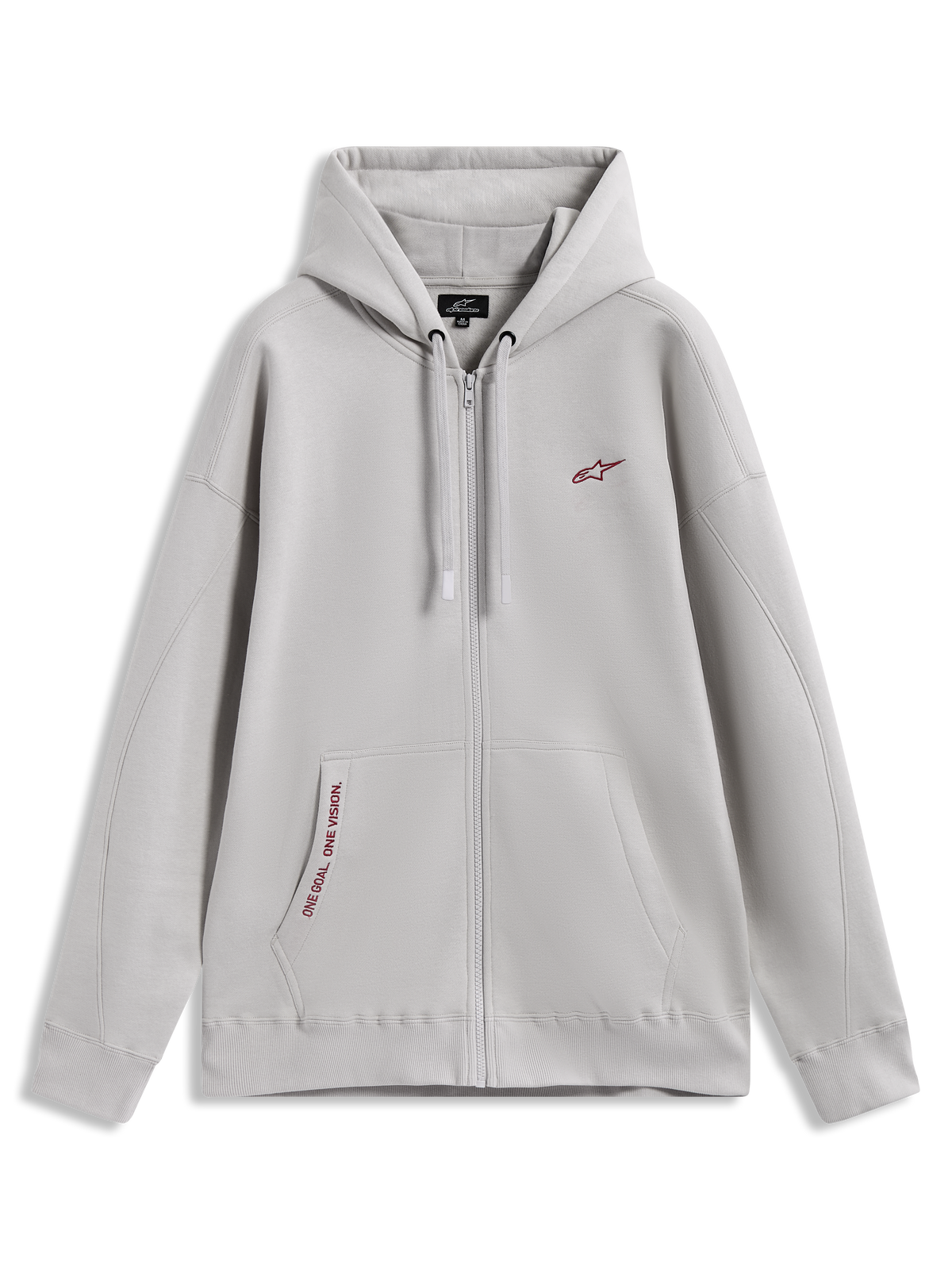 Alpinestars Pioneer Oversized Hoodie, cement grey sportswear zip fleece with red logo accents and kangaroo pocket.
