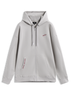 Alpinestars Pioneer Oversized huvtröja, cementgrå fleece med dragkedja, röda logotypdetaljer, känguruficka, bekväm sportswear.