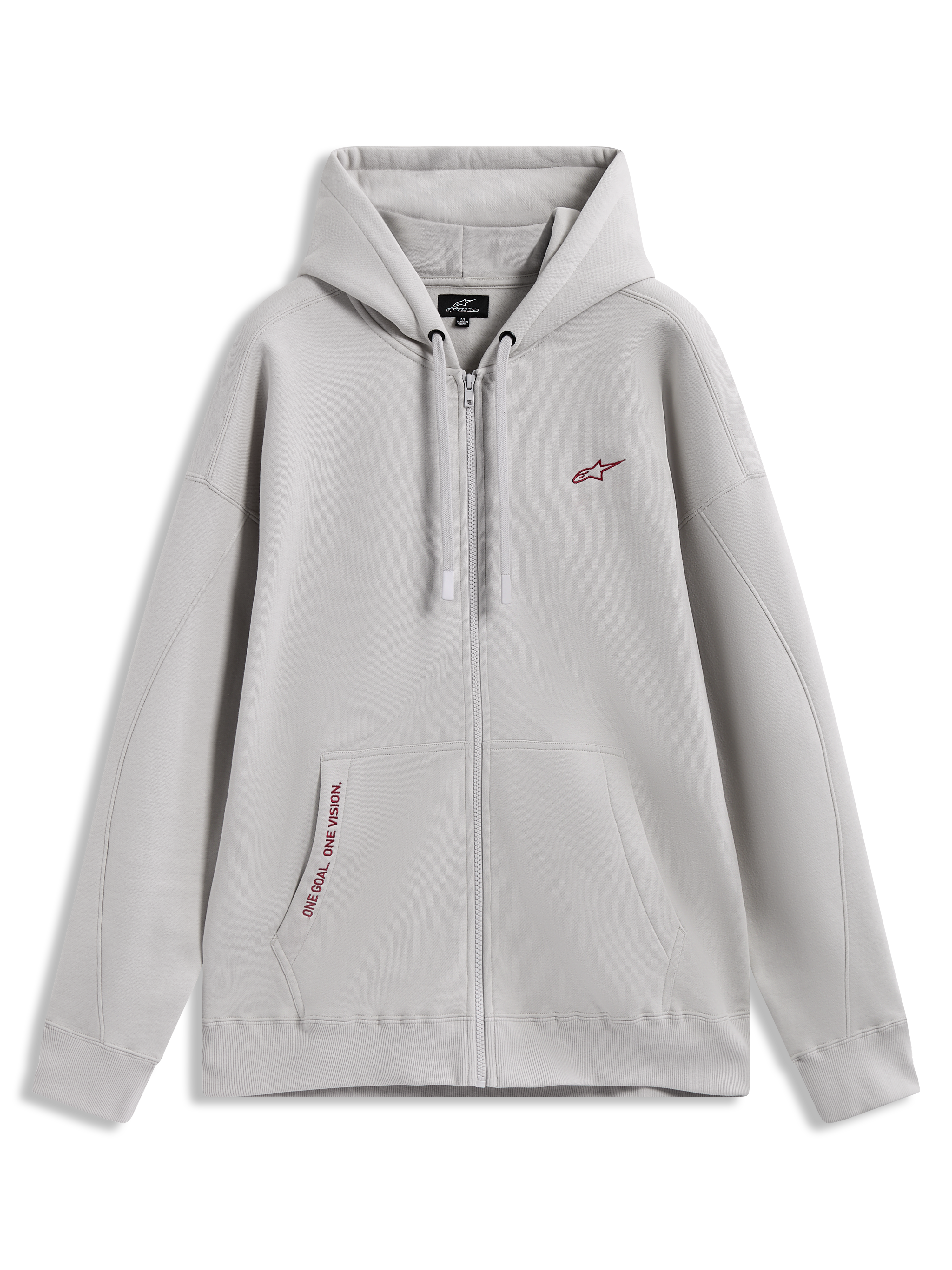 Alpinestars Pioneer Oversized huvtröja, cementgrå fleece med dragkedja, röda logotypdetaljer, känguruficka, bekväm sportswear.