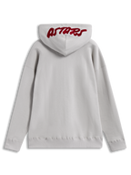 Alpinestars Pioneer Oversized huvtröja, sandfärgad sportswear-fleece med röd broderad Astars-logotyp på huvan.