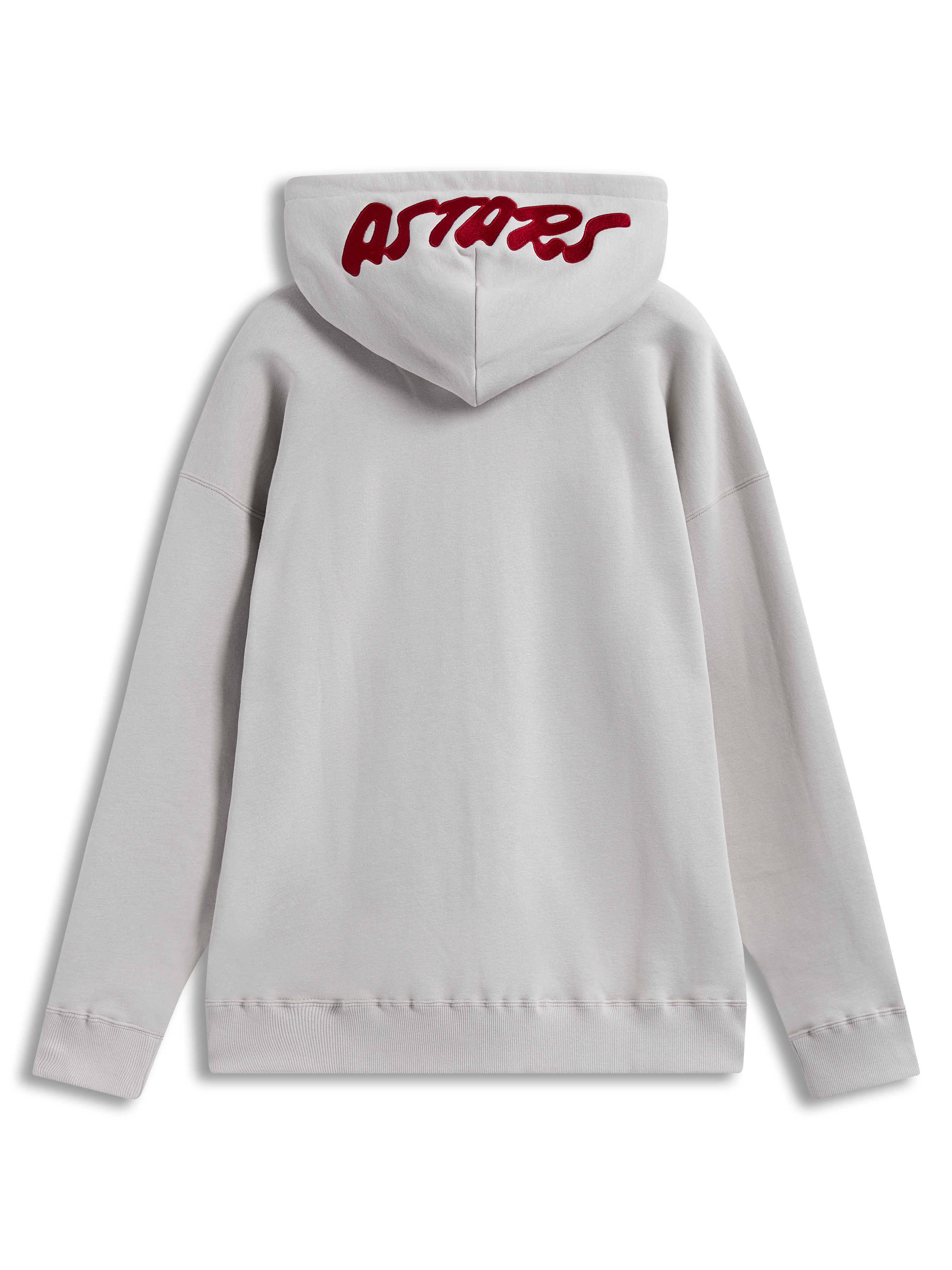 Alpinestars Pioneer Oversized huvtröja, sandfärgad sportswear-fleece med röd broderad Astars-logotyp på huvan.