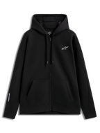 Alpinestars Entity Oversized Hoodie in Black, a zip-up fleece for sportswear with white logo embroidery and kangaroo pocket.