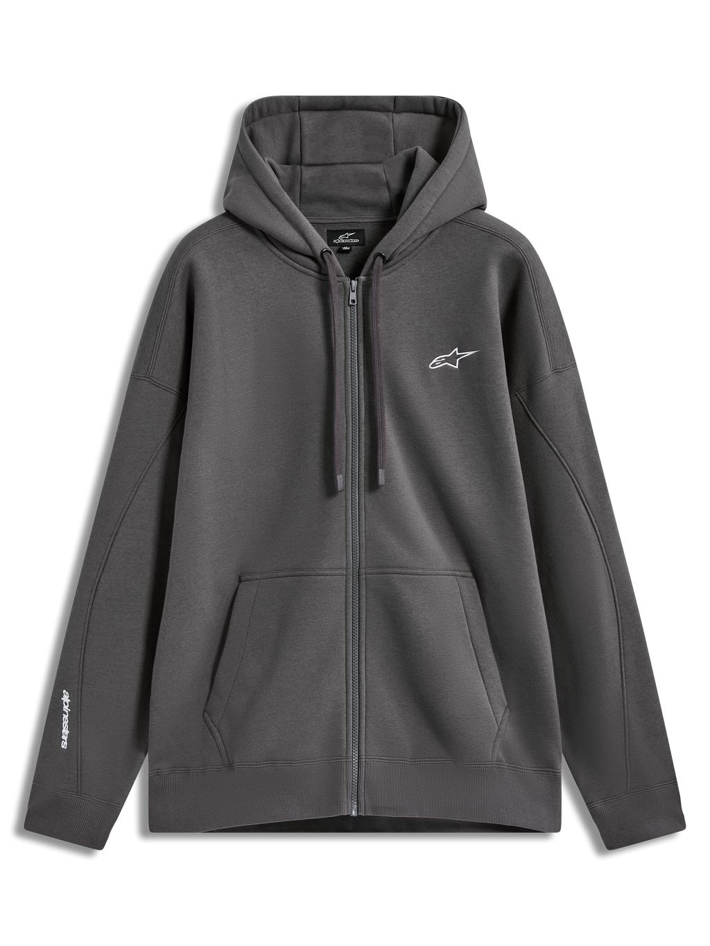 Alpinestars Entity Oversized hoodie, mörkgrå fleecehuvtröja med dragkedja, vit broderad logotyp på bröstet och ärmen, känguruficka och ribbade muddar, sportig vardagsstil