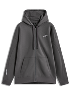 Alpinestars Entity Oversized hoodie, mörkgrå fleecehuvtröja med dragkedja, vit broderad logotyp på bröstet och ärmen, känguruficka och ribbade muddar, sportig vardagsstil
