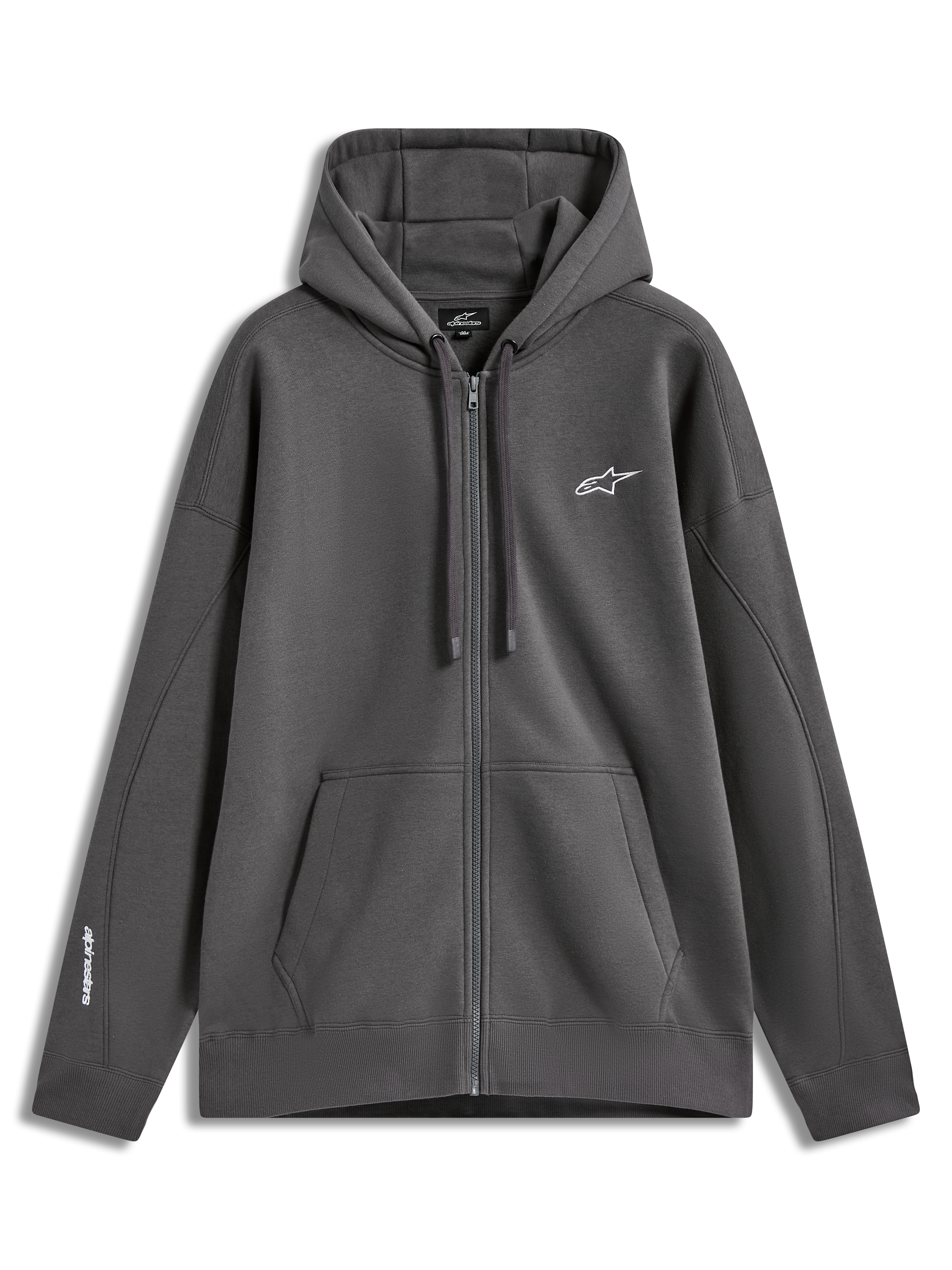 Alpinestars Entity Oversized hoodie, mörkgrå fleecehuvtröja med dragkedja, vit broderad logotyp på bröstet och ärmen, känguruficka och ribbade muddar, sportig vardagsstil