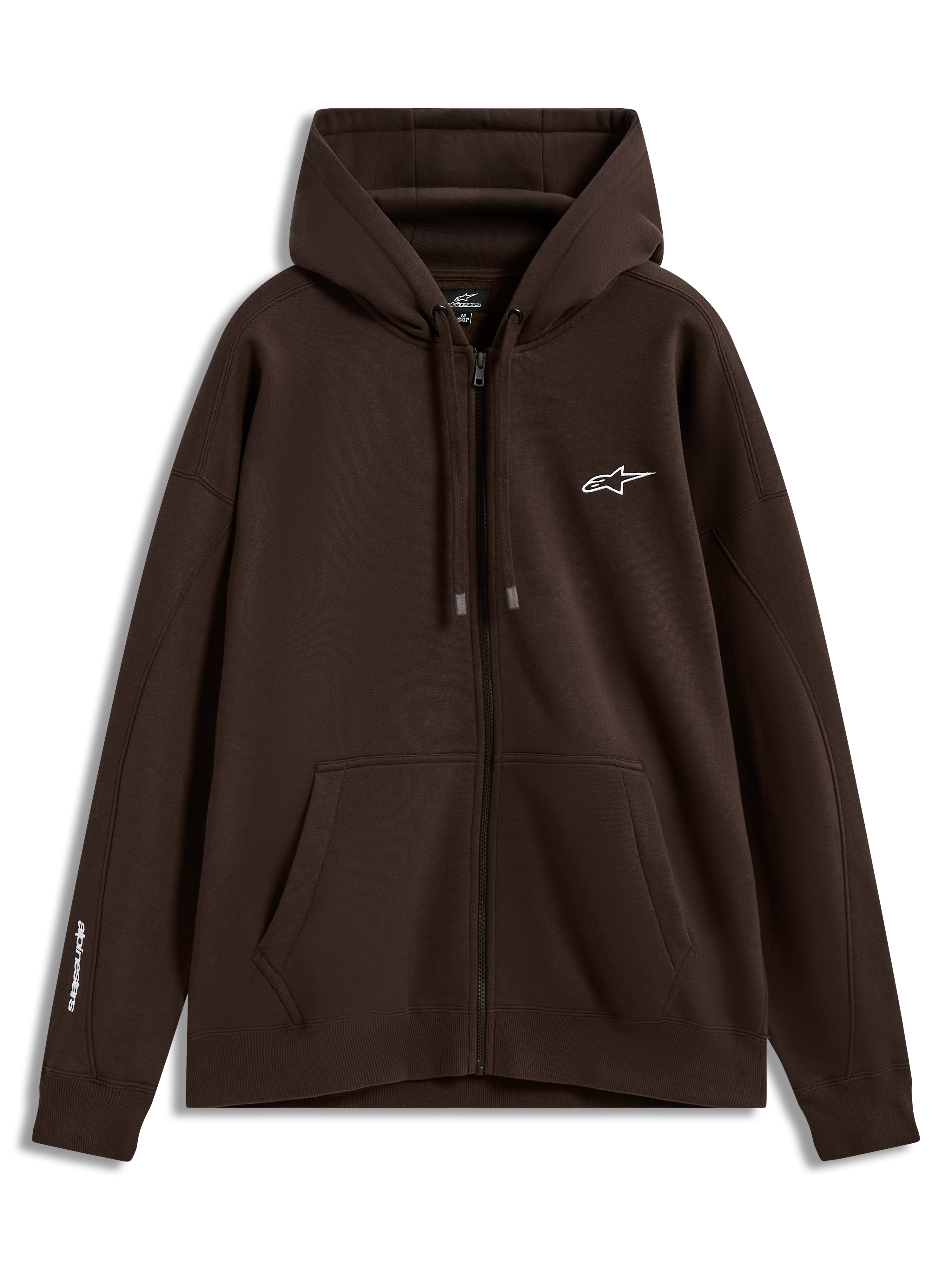 Alpinestars Entity Oversized Hoodie, Brown Zip-Up Sportswear Fleece with white chest and sleeve logos and kangaroo pocket.