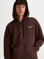 Alpinestars Entity Oversized huvtröja, brun zip-up huvtröja för herr med huva, vit broderad Astars-logotyp på bröstet, oversized passform, känguruficka och Vislon-dragkedja, bekväm sportswear i mjuk fleeceblandning.