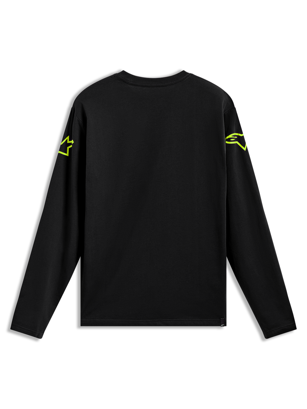 Alpinestars Velocifier CSF långärmad tröja, svart t-shirt med neongula Astars-logotyper på axlarna, vy bakifrån.