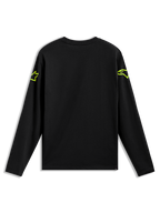 Alpinestars Velocifier CSF långärmad tröja, svart t-shirt med neongula Astars-logotyper på axlarna, vy bakifrån.