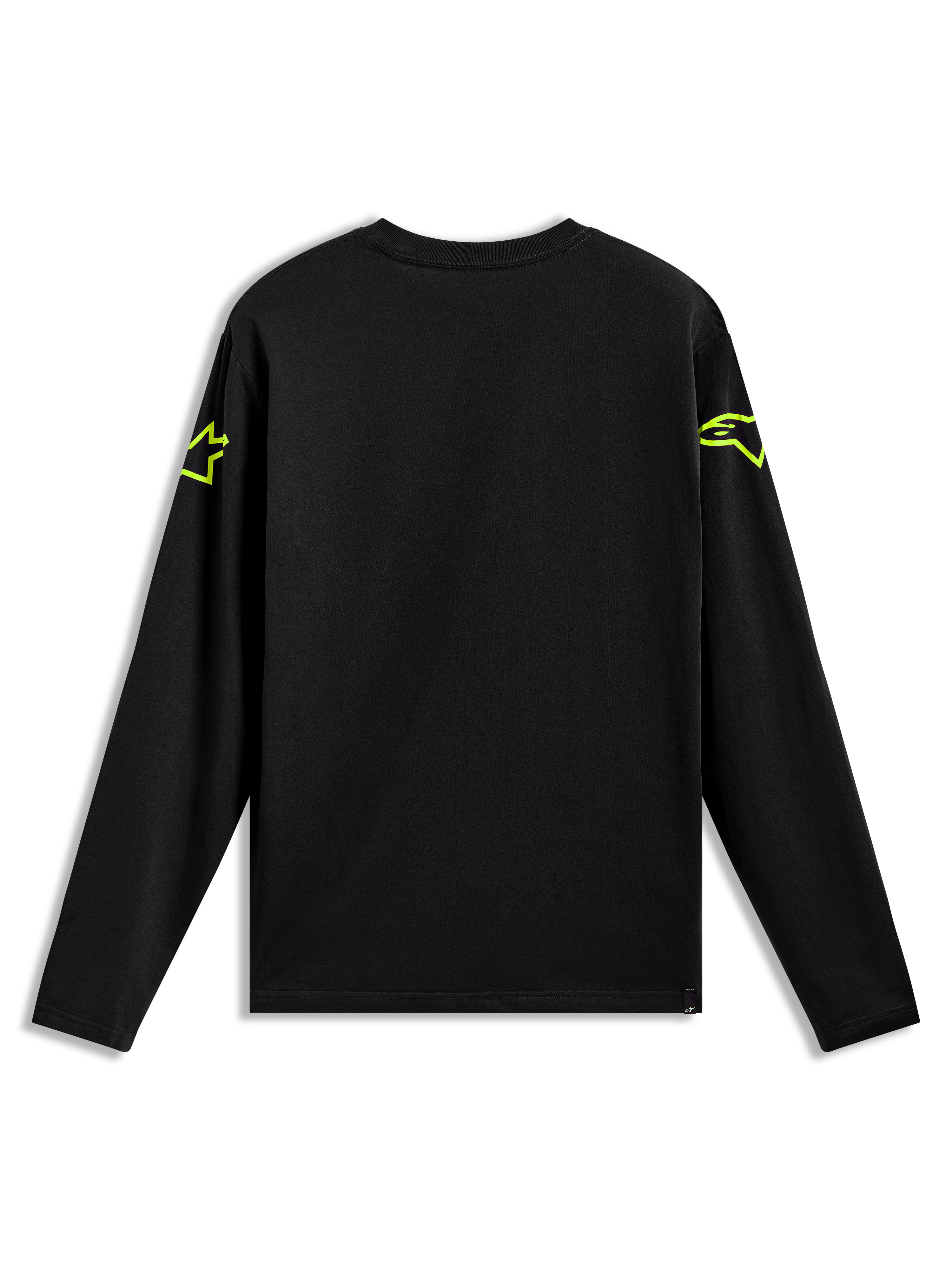Alpinestars Velocifier CSF långärmad tröja, svart t-shirt med neongula Astars-logotyper på axlarna, vy bakifrån.