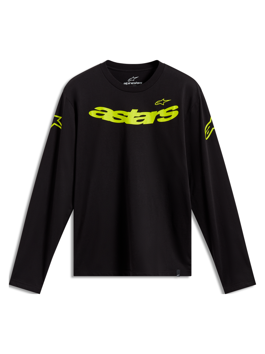 Alpinestars Velocifier CSF långärmad t-shirt, svart med neongula Astars-logotyper på bröstet och axlarna.