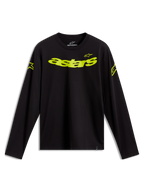 Alpinestars Velocifier CSF långärmad t-shirt, svart med neongula Astars-logotyper på bröstet och axlarna.