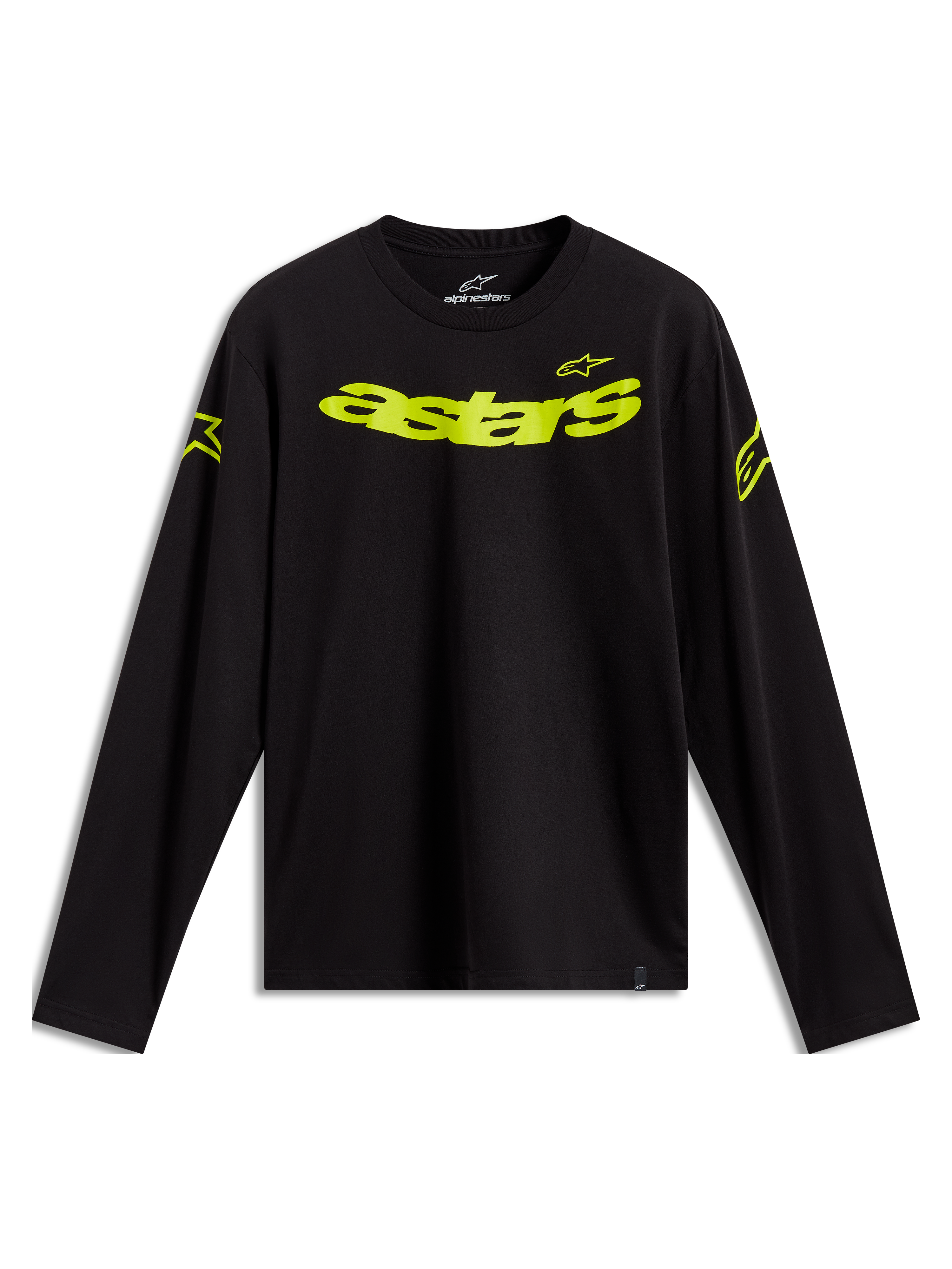 Alpinestars Velocifier CSF långärmad t-shirt, svart med neongula Astars-logotyper på bröstet och axlarna.