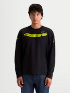 Alpinestars Velocifier CSF t-shirt, långärmad t-shirt för herr, svart med gul grafik, motorsportinspirerad tröja med kurvat Astars-tryck och logotyper på axlarna, bekväm bomullsblandning