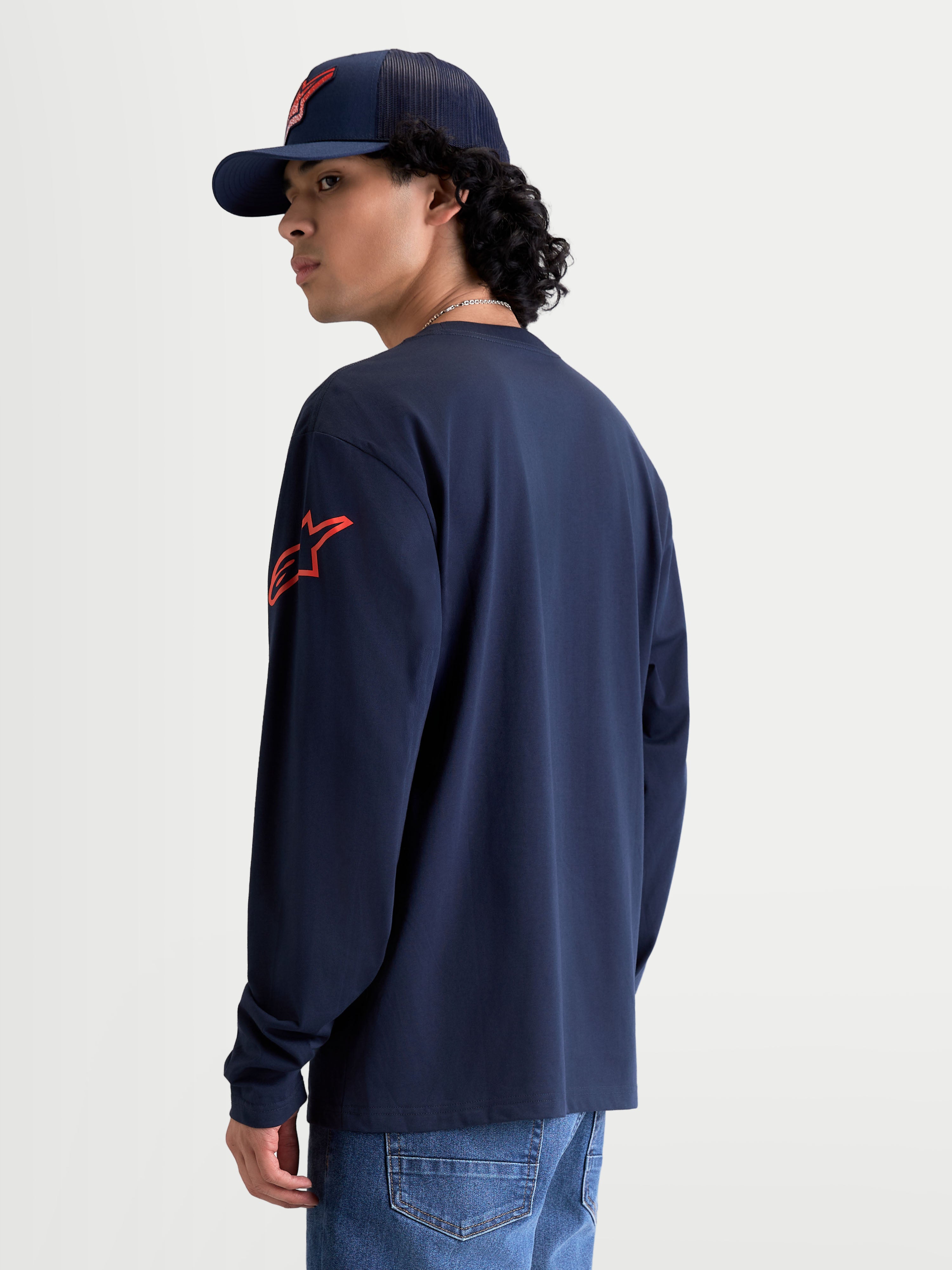 Alpinestars Velocifier CSF Tee, Long Sleeve Sportswear T-Shirt, Navy Blue and Red, featuring a red Astars logo on the shoulder and rib cuffs, on-model back view, 80% cotton and 20% recycled polyester construction.