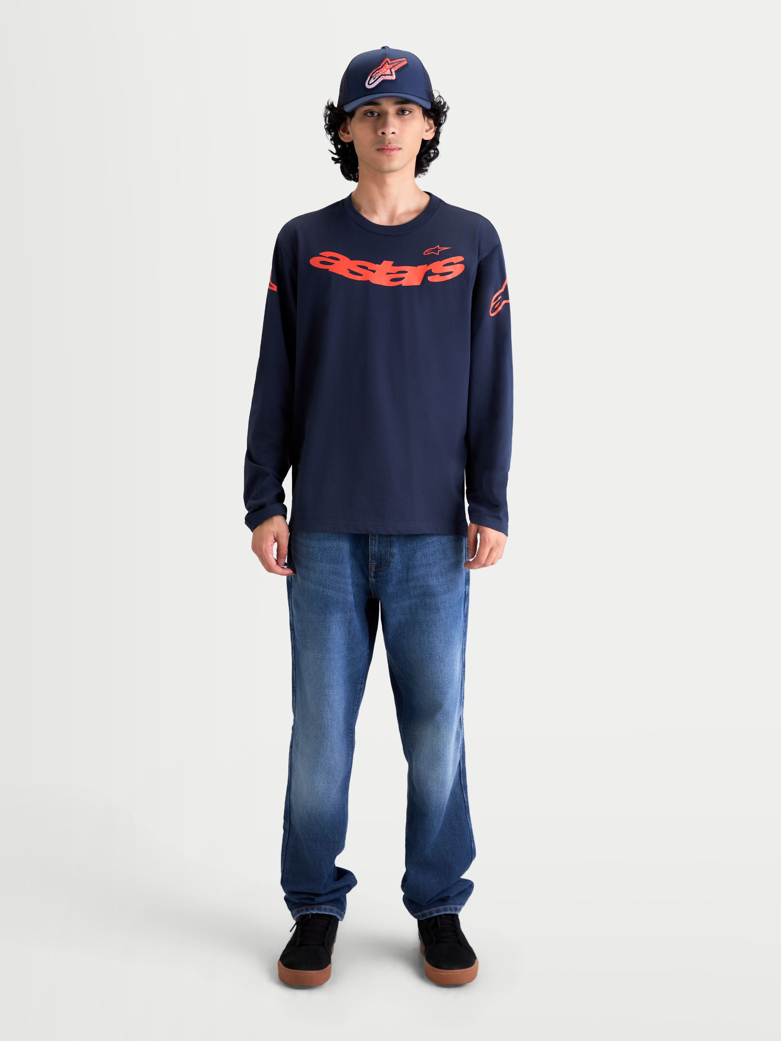 Alpinestars Velocifier CSF Tee, Long Sleeve Sportswear T-Shirt, Navy Blue with Red Curved Astars Front Graphic and Shoulder Logos, Soft Cotton Blend for Casual Everyday Wear