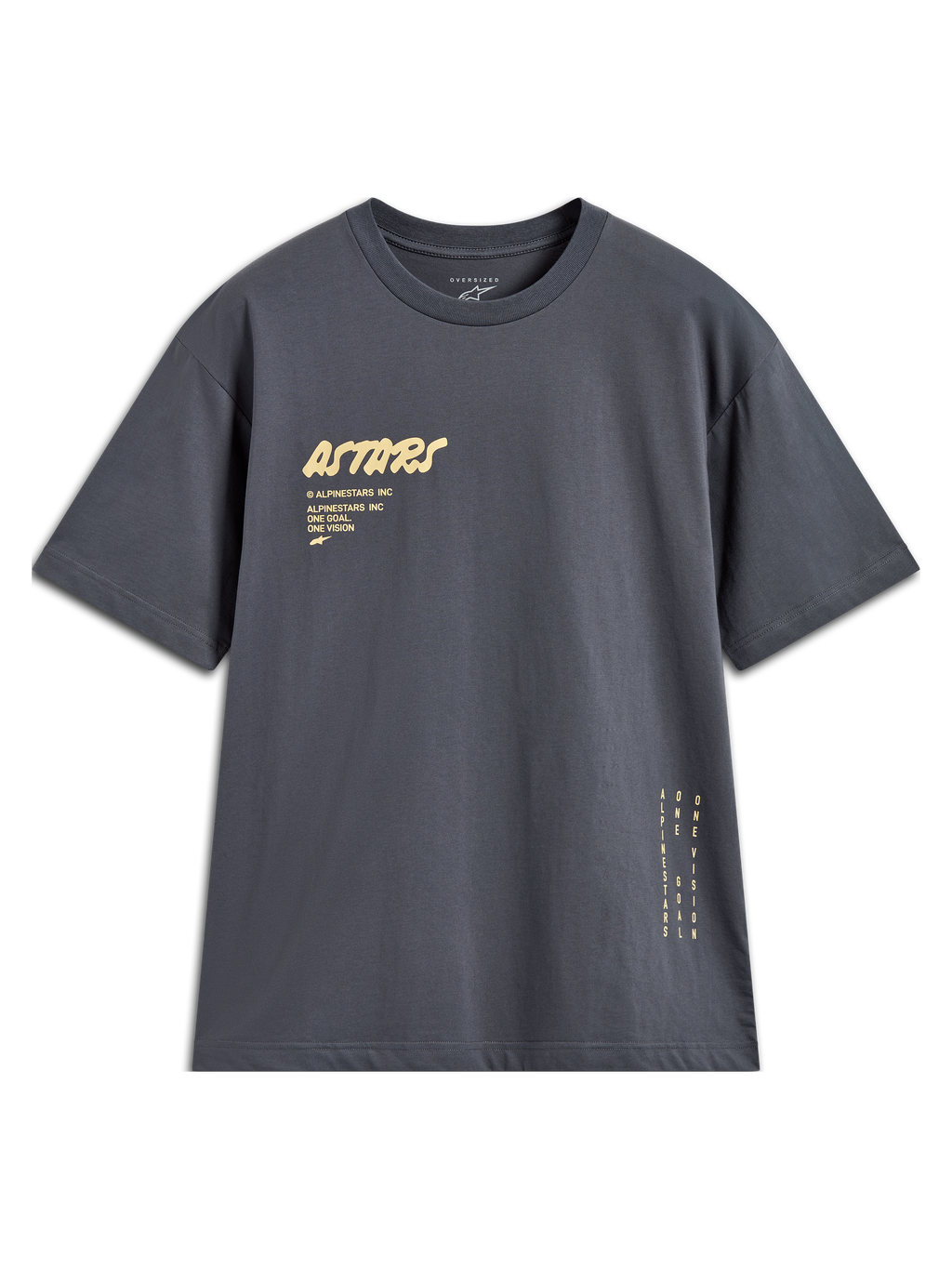 Alpinestars Chalk Oversized CSF t-shirt, mörkgrå kortärmad t-shirt med Astars-logotyp och vertikal grafik på sidan.