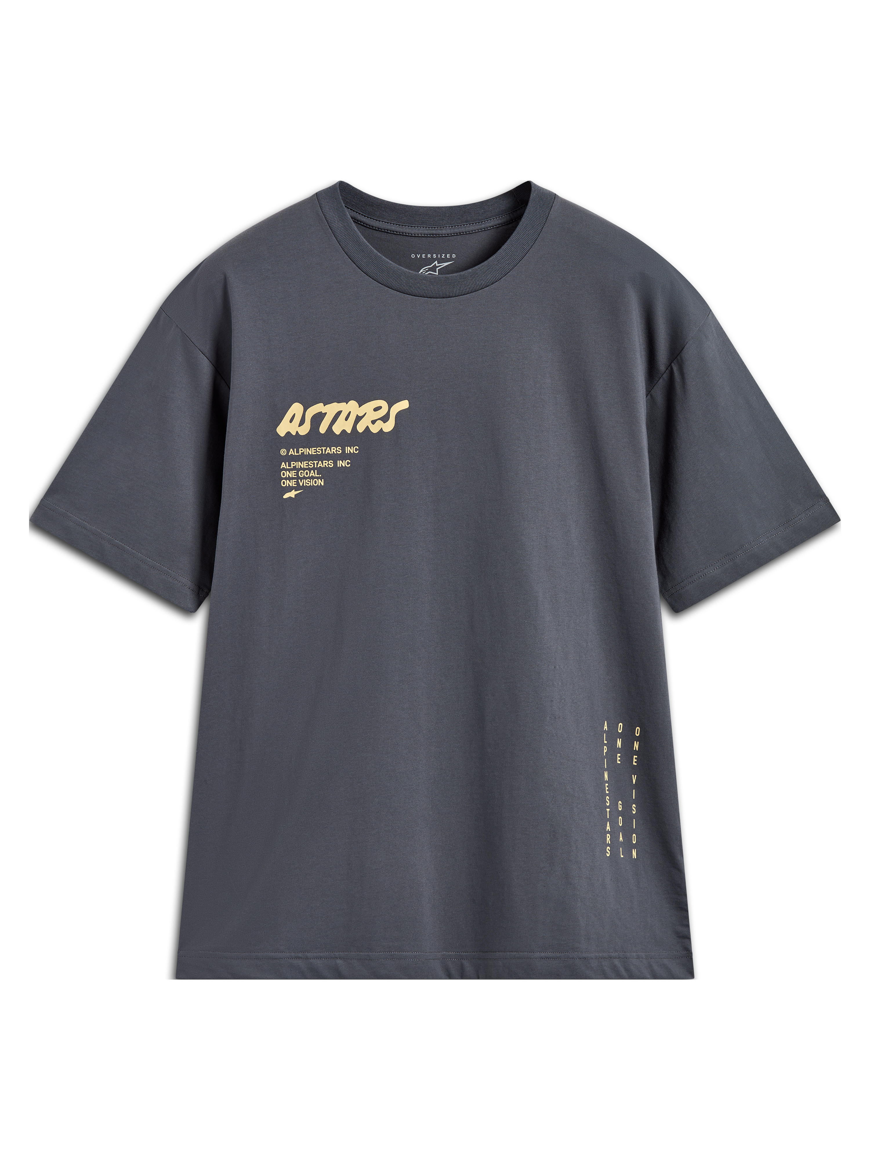 Alpinestars Chalk Oversized CSF t-shirt, mörkgrå kortärmad t-shirt med Astars-logotyp och vertikal grafik på sidan.