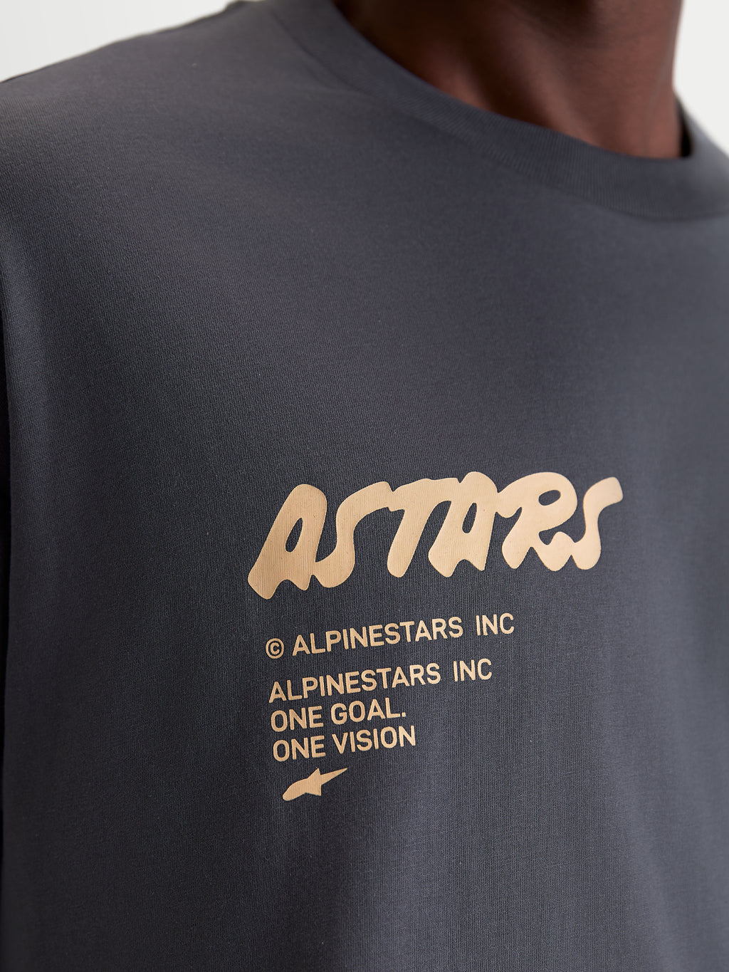 Alpinestars Chalk Oversized CSF T-shirt, mörkgrå kortärmad sportswear-T-shirt, närbild på beige Astars-ordmärke och One Goal One Vision-branding på bröstet, avslappnad motorsportinspirerad stil