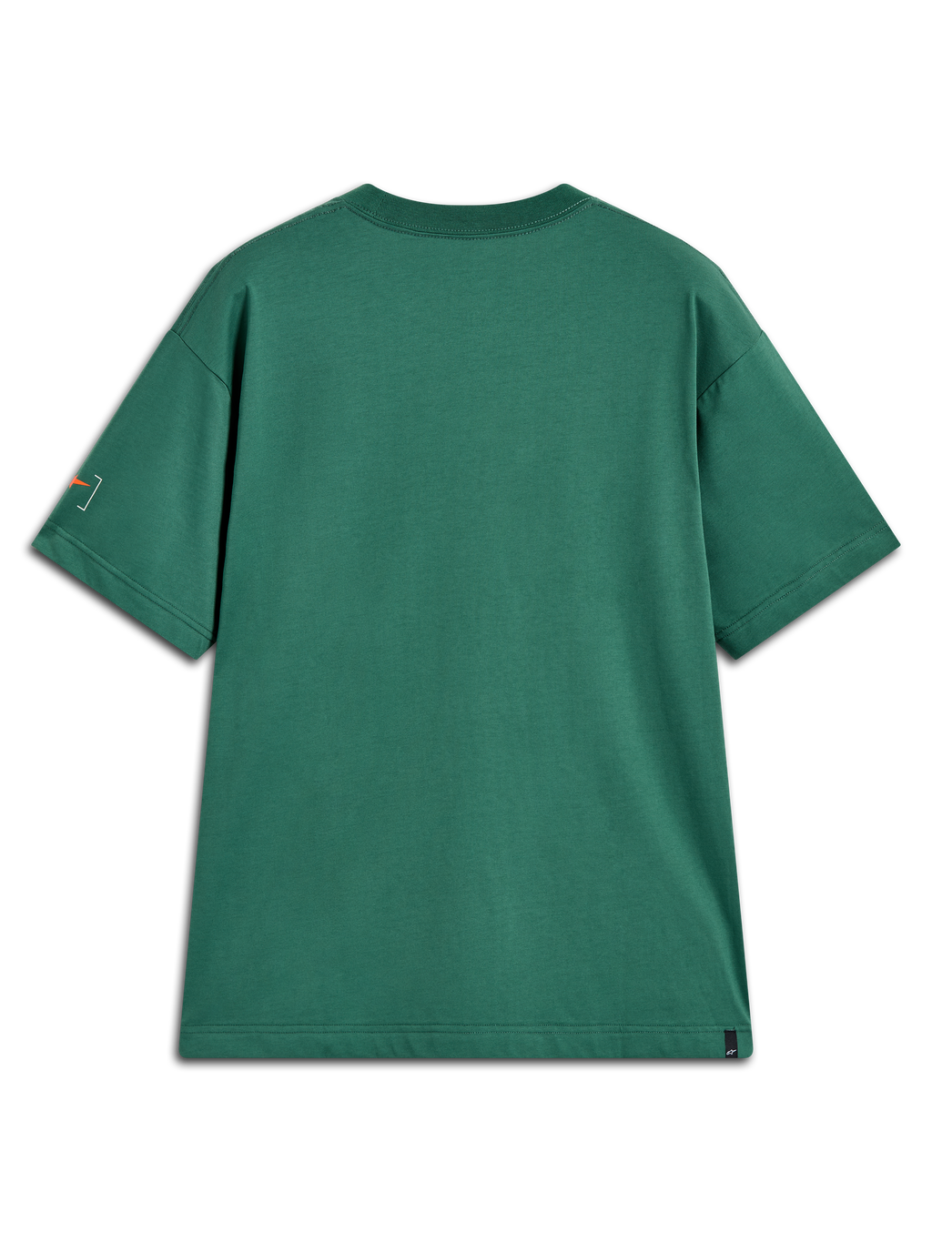 Alpinestars Infinity Oversized CSF Tee, kortärmad grön t-shirt sedd bakifrån med orange ärmgrafik, avslappnad motorsport-streetwear.