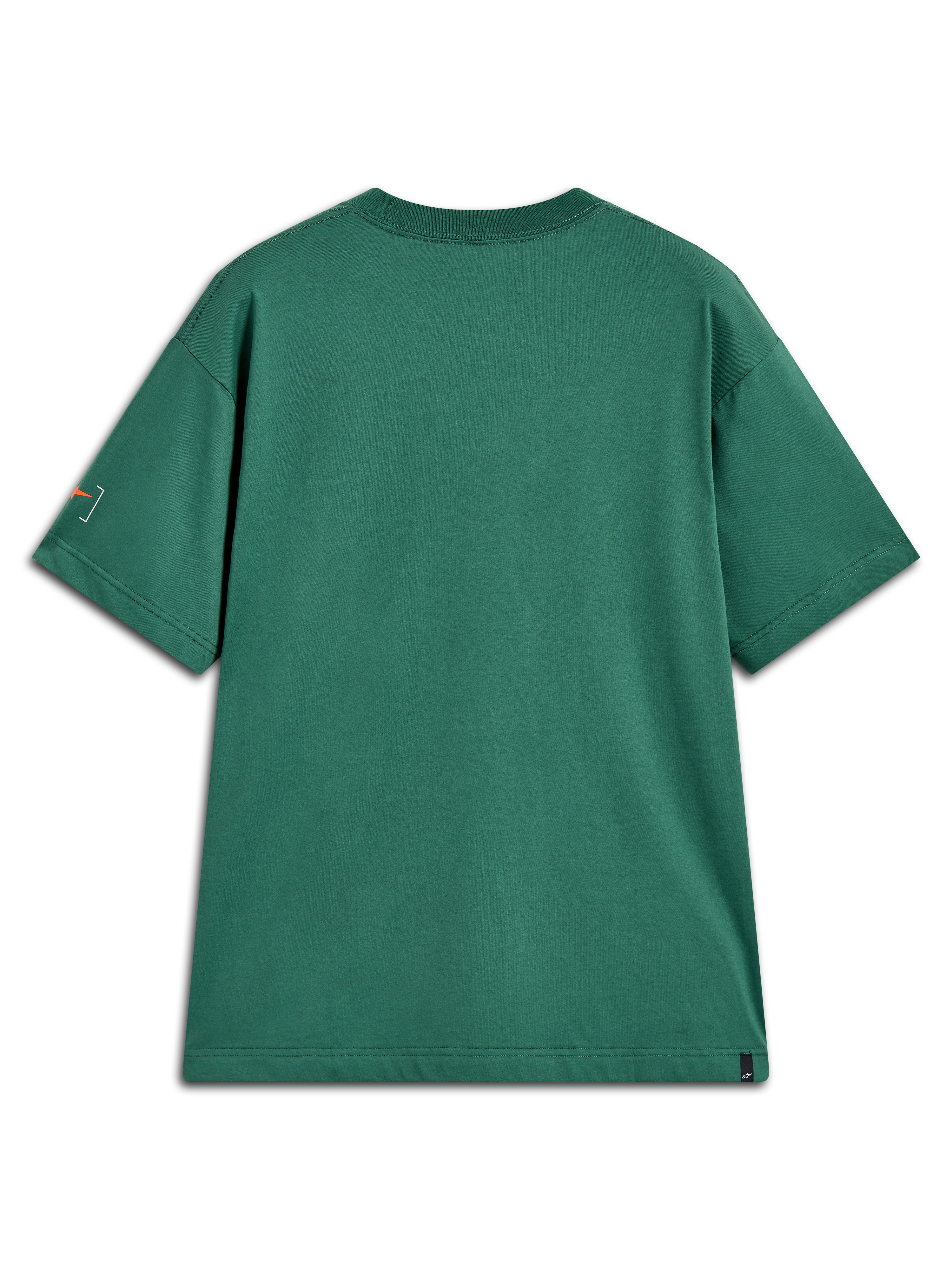 Alpinestars Infinity Oversized CSF Tee, kortärmad grön t-shirt sedd bakifrån med orange ärmgrafik, avslappnad motorsport-streetwear.