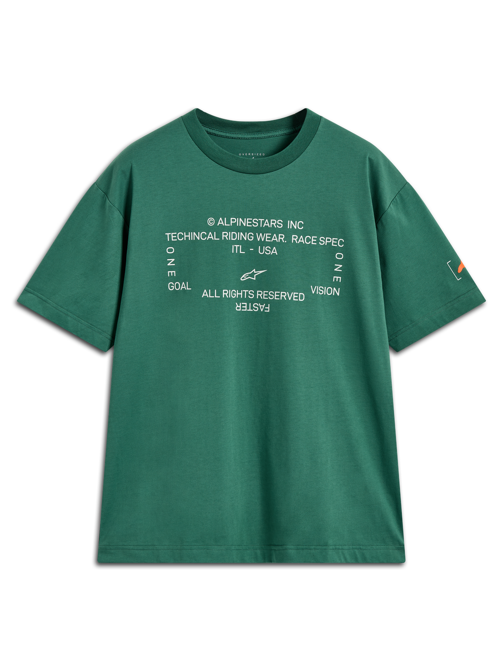 Alpinestars Infinity Oversized CSF Tee, grön kortärmad t-shirt med vit teknisk grafik på bröstet och logotyp på ärmen, oversized passform.
