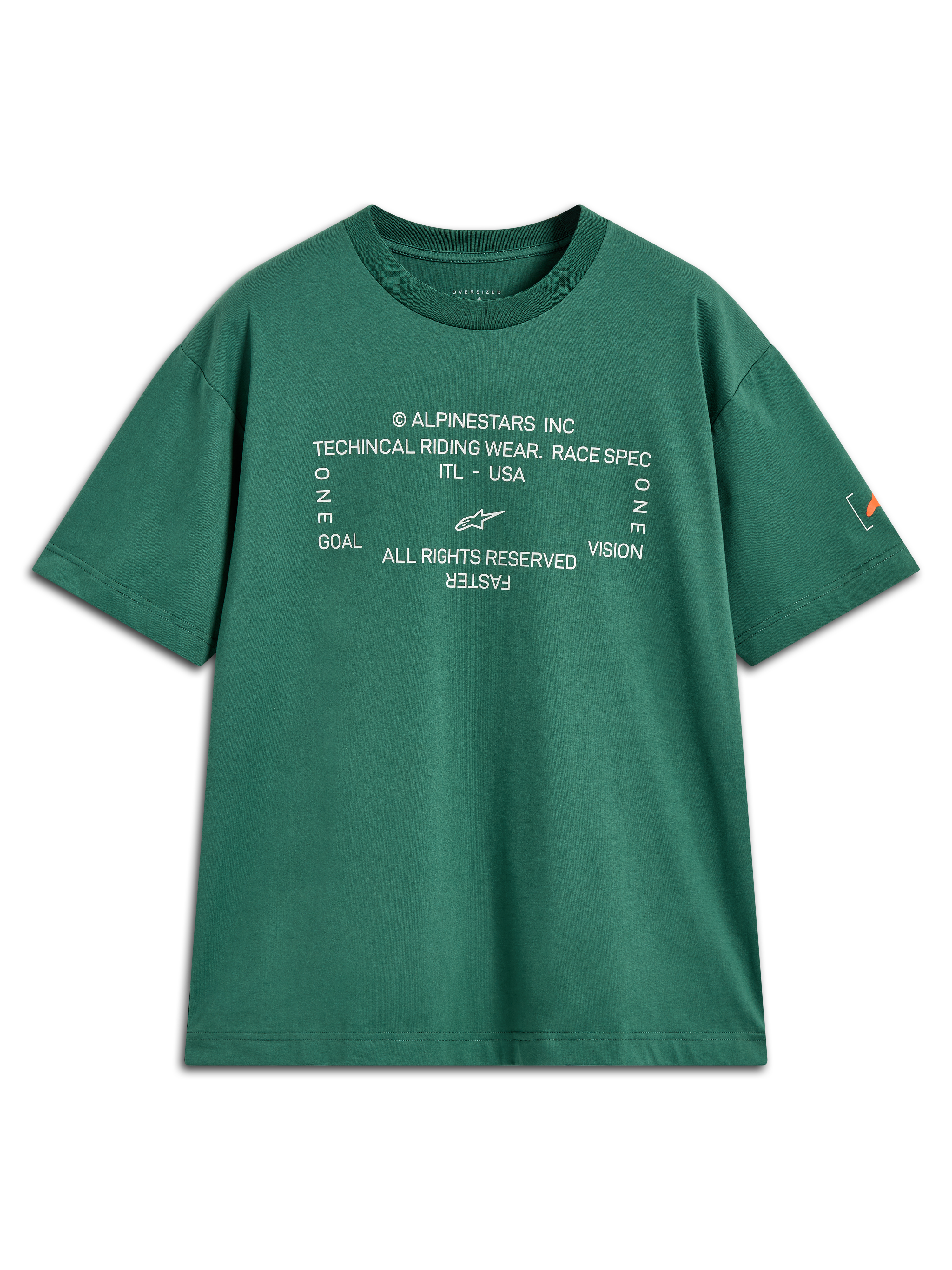 Alpinestars Infinity Oversized CSF Tee, grön kortärmad t-shirt med vit teknisk grafik på bröstet och logotyp på ärmen, oversized passform.