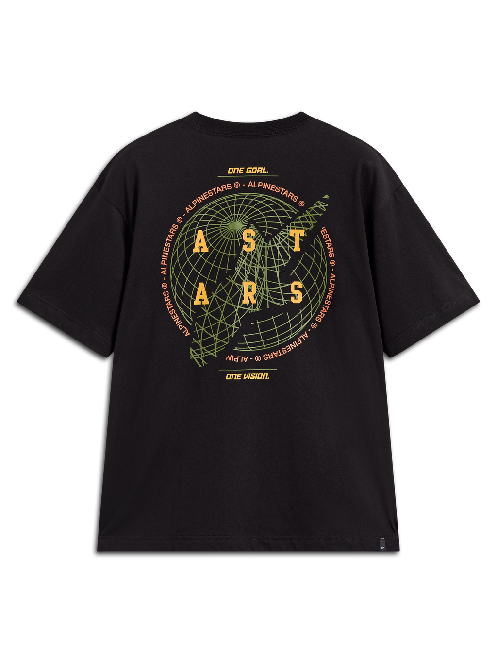Alpinestars Latitude Oversized CSF t-shirt, svart kortärmad tröja med baksidesgrafik med grön glob och gul ASTARS-logotyp.