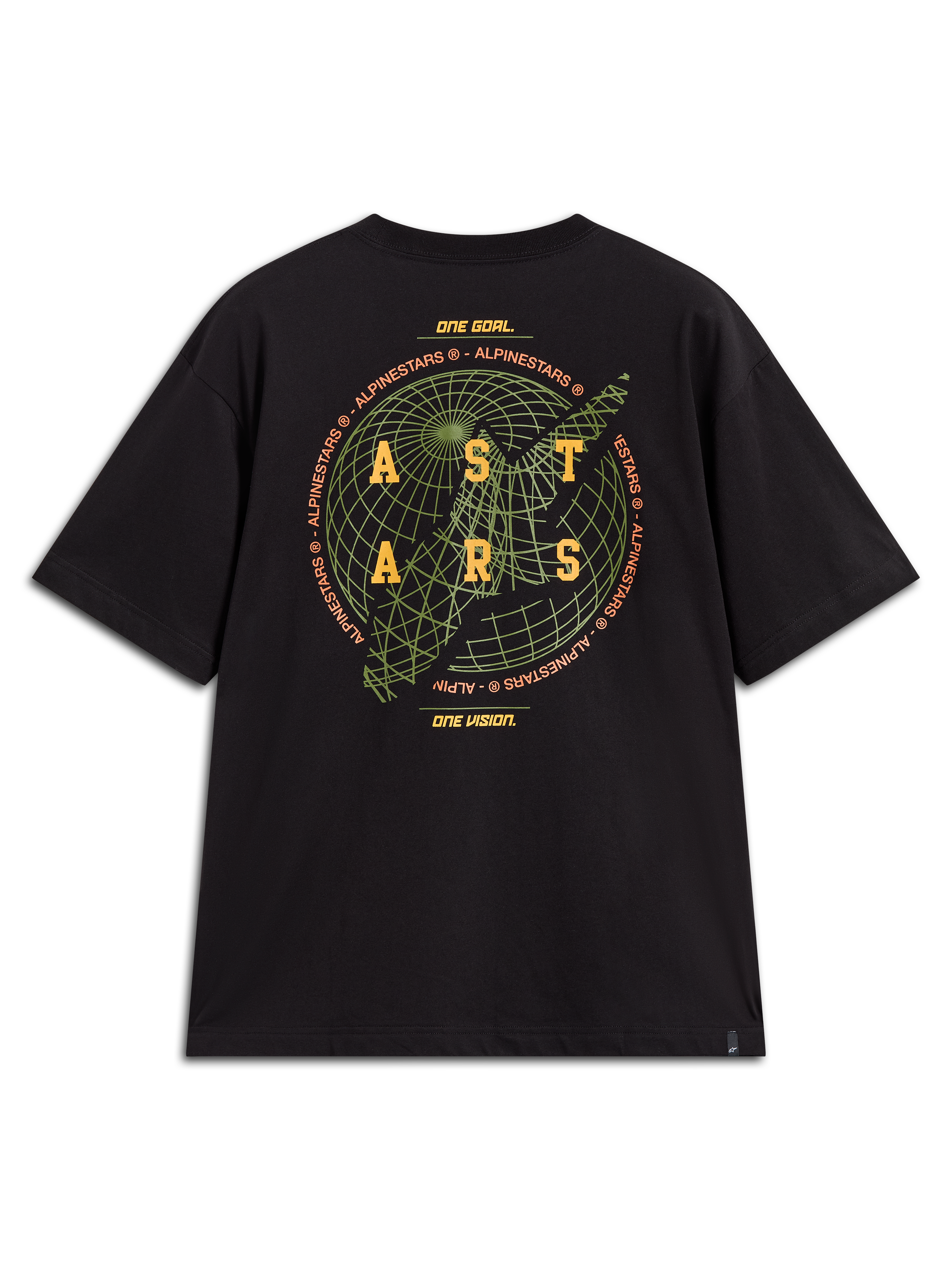Alpinestars Latitude Oversized CSF t-shirt, svart kortärmad tröja med baksidesgrafik med grön glob och gul ASTARS-logotyp.