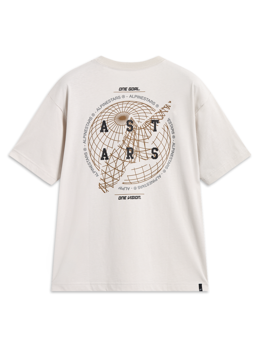 Alpinestars Latitude Oversized CSF t-shirt, kortärmad i cementbeige, ryggvy med globgrafik och Astars-logotyp, avslappnad stil.