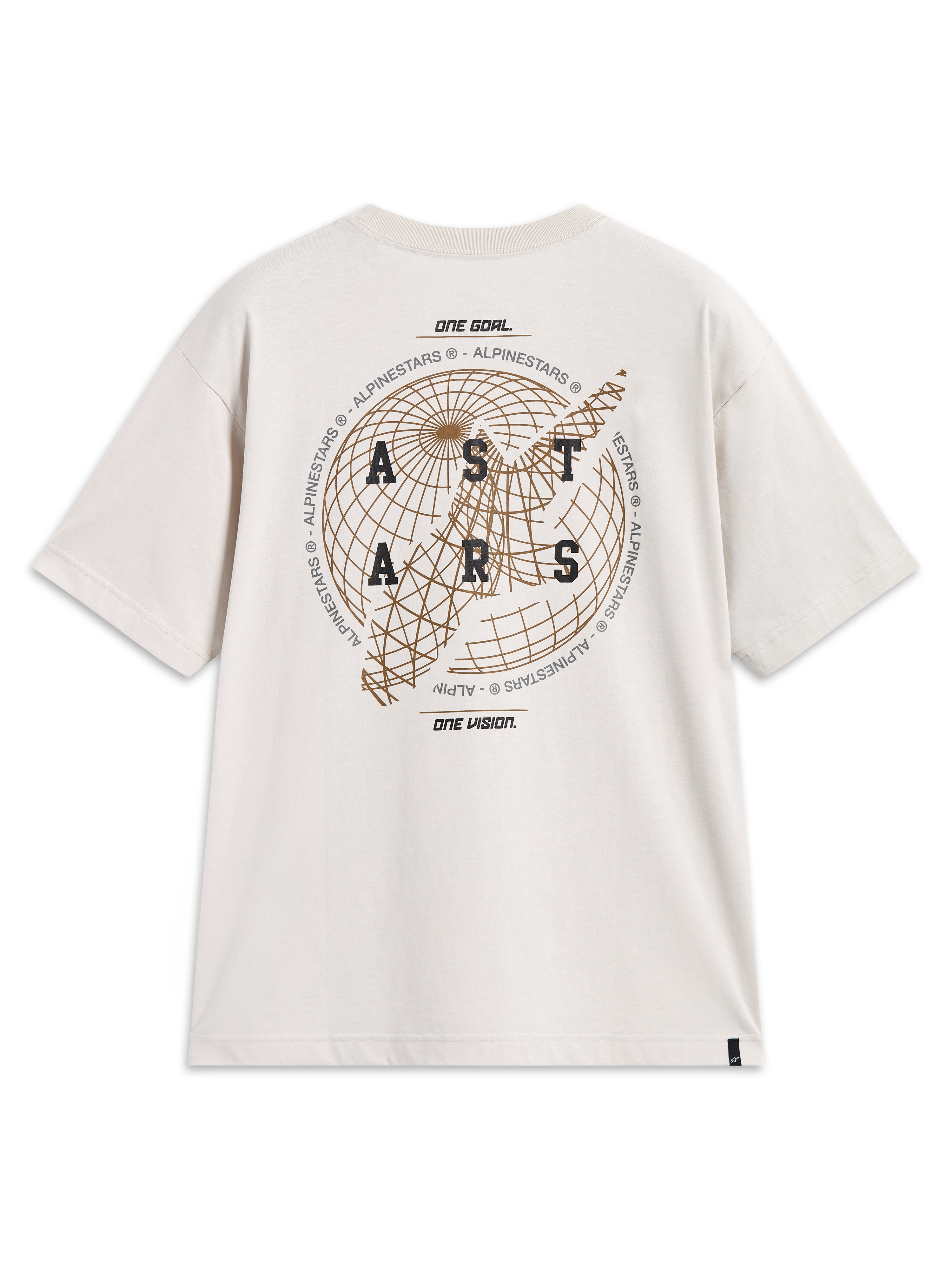 Alpinestars Latitude Oversized CSF t-shirt, kortärmad i cementbeige, ryggvy med globgrafik och Astars-logotyp, avslappnad stil.