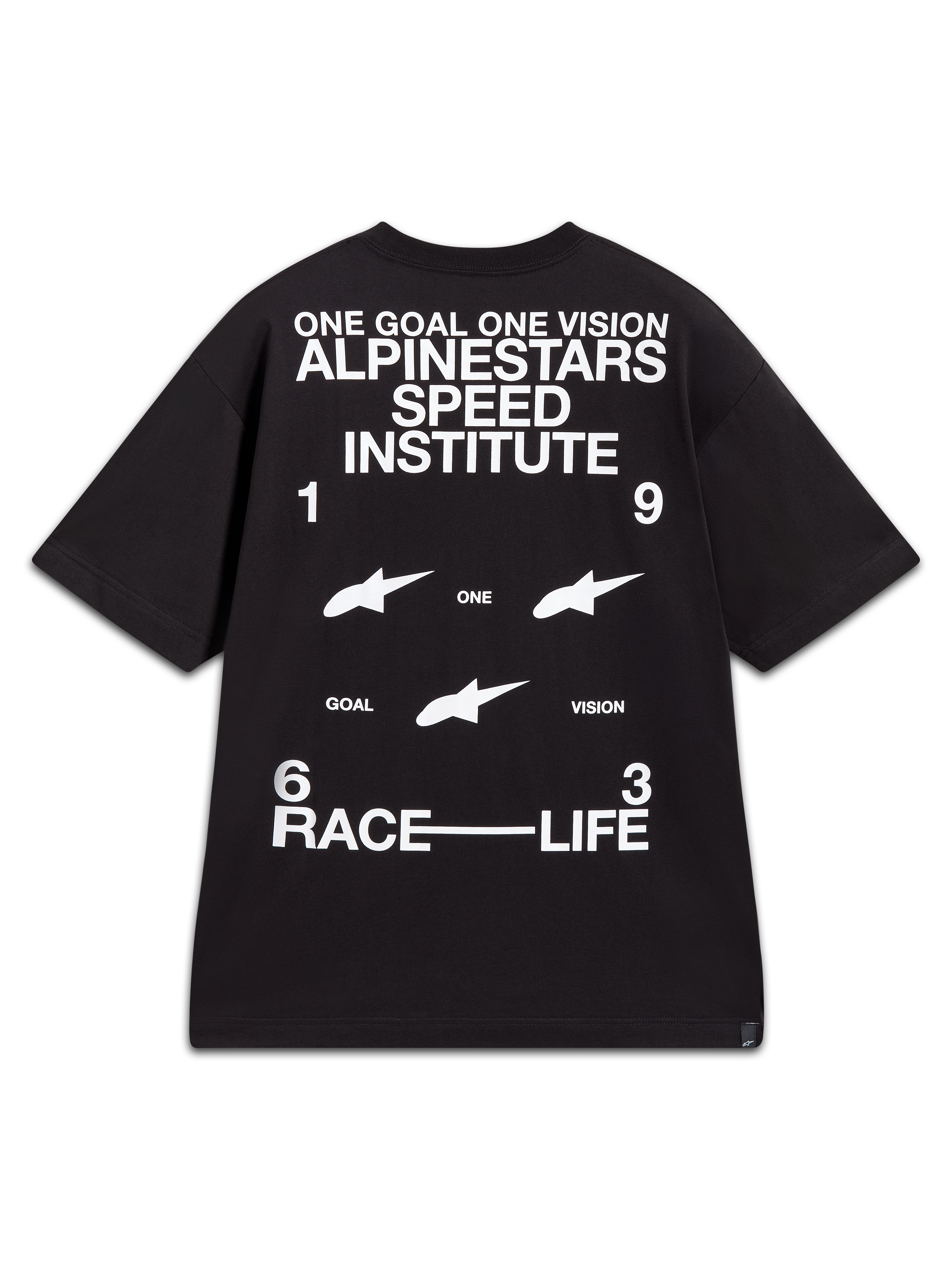 Alpinestars Institute Oversized CSF T-shirt, svart kortärmad t-shirt, vit rygggrafik med Speed Institute-märkning och racingmotiv.