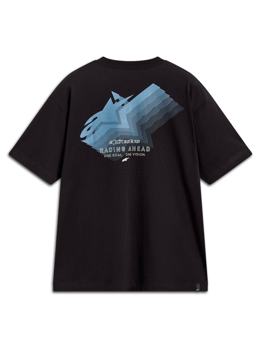 Alpinestars Ghost Oversized CSF Tee, black short-sleeve shirt featuring a blue back logo fade graphic and Racing Ahead text.