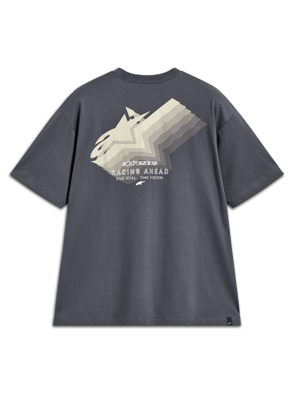 Alpinestars Ghost Oversized CSF t-shirt, mörkgrå kortärmad, vy bakifrån med stor benvit logotypgrafik och Racing Ahead-text
