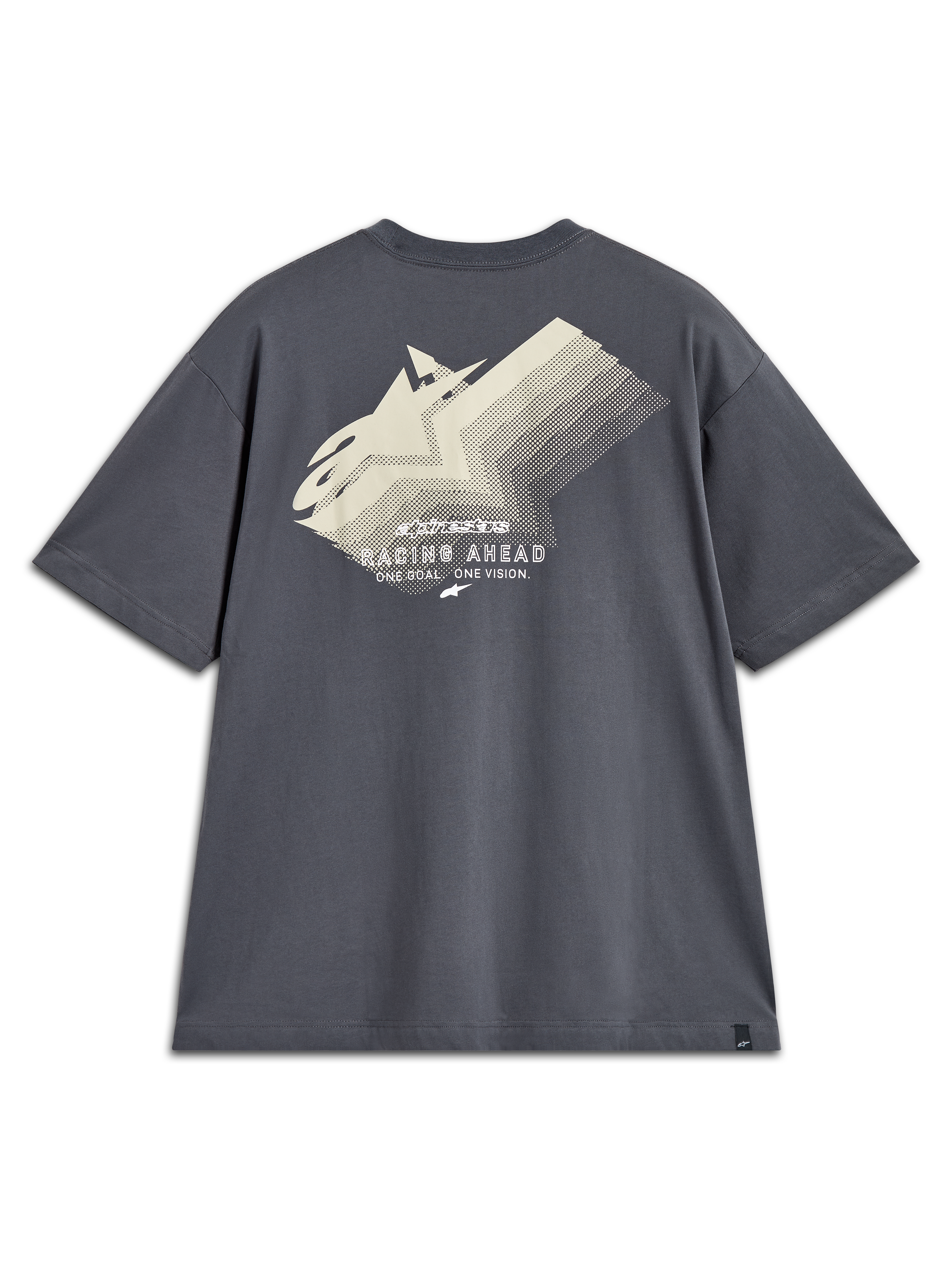 Alpinestars Ghost Oversized CSF t-shirt, mörkgrå kortärmad, vy bakifrån med stor benvit logotypgrafik och Racing Ahead-text