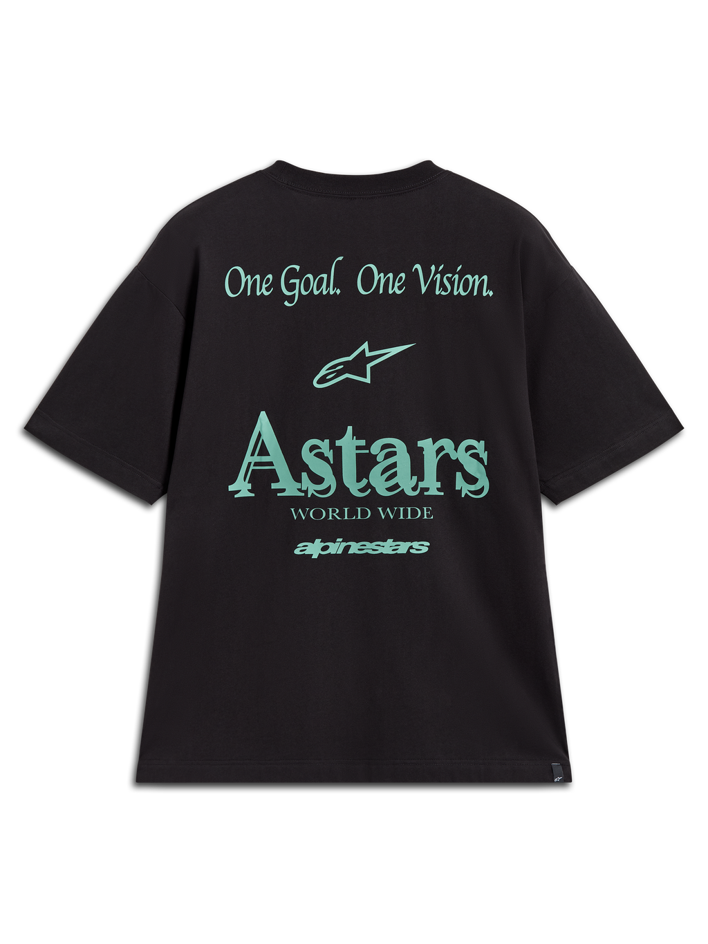 Alpinestars Post Oversized CSF Tee, Black and Teal Sportswear Shirt with back One Goal One Vision and Astars graphics.