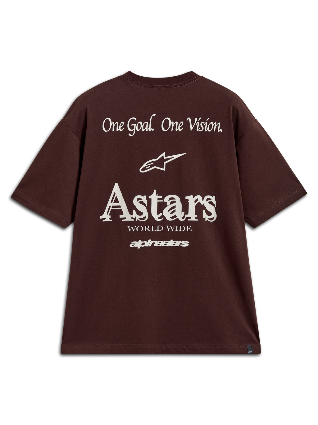 Alpinestars Post Oversized CSF Tee, brun kortärmad t-shirt med vit Astars-logotyp och One Goal One Vision-grafik bak.
