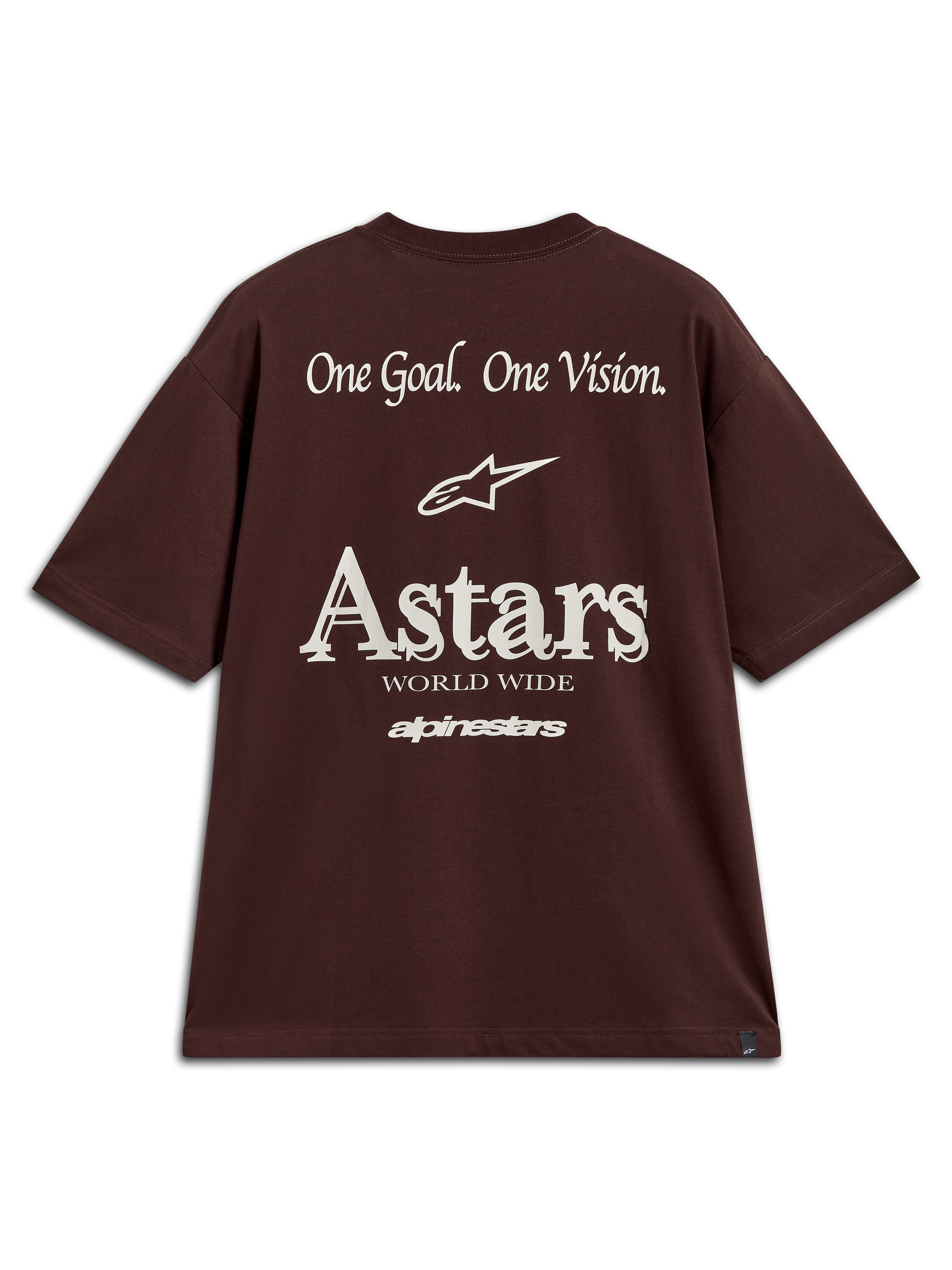 Alpinestars Post Oversized CSF Tee, brun kortärmad t-shirt med vit Astars-logotyp och One Goal One Vision-grafik bak.