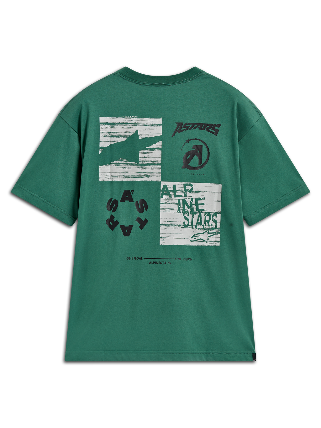 Alpinestars Checkback Oversized CSF t-shirt, grön kortärmad t-shirt med ett stort fyrdelat grafiktryck på ryggen, Astars-logotyp och One Goal One Vision-text, motorsportinspirerad streetwear