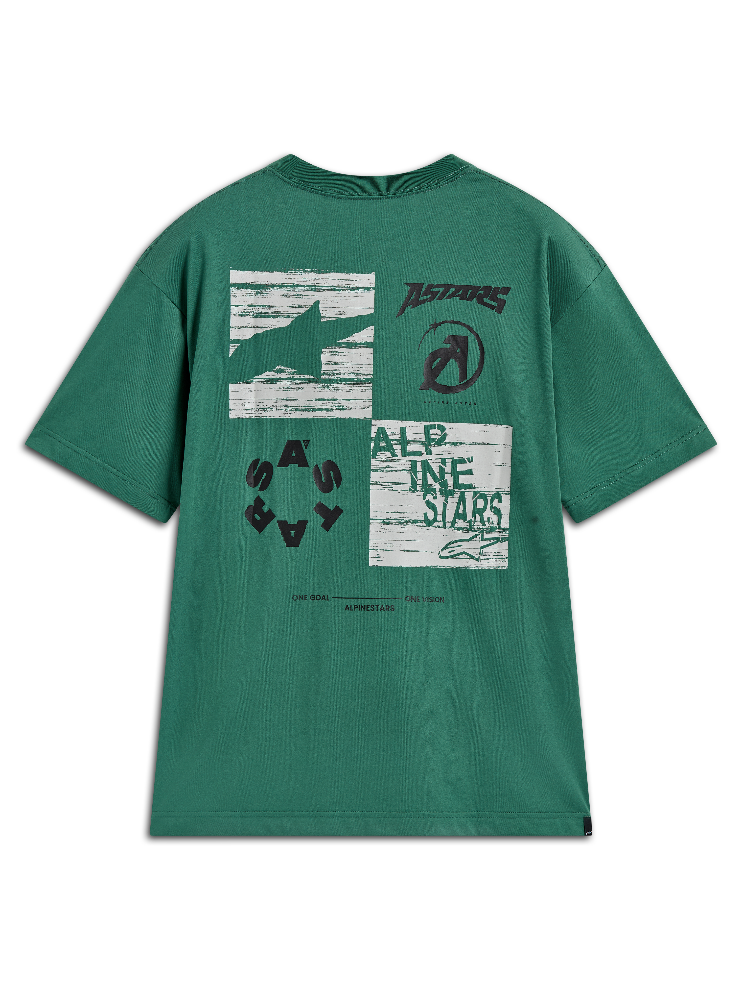 Alpinestars Checkback Oversized CSF t-shirt, grön kortärmad t-shirt med ett stort fyrdelat grafiktryck på ryggen, Astars-logotyp och One Goal One Vision-text, motorsportinspirerad streetwear