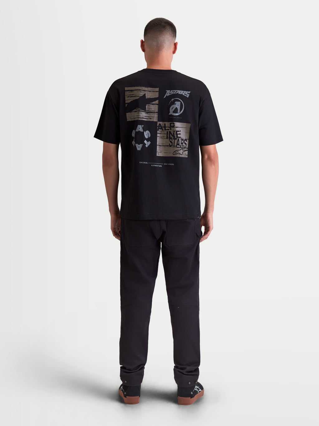 Alpinestars Checkback Oversized CSF Tee, Men's Sportswear Short Sleeve T-Shirt, Black, back view featuring a large grey checkerboard graphic with Astars logos, oversized casual fit.