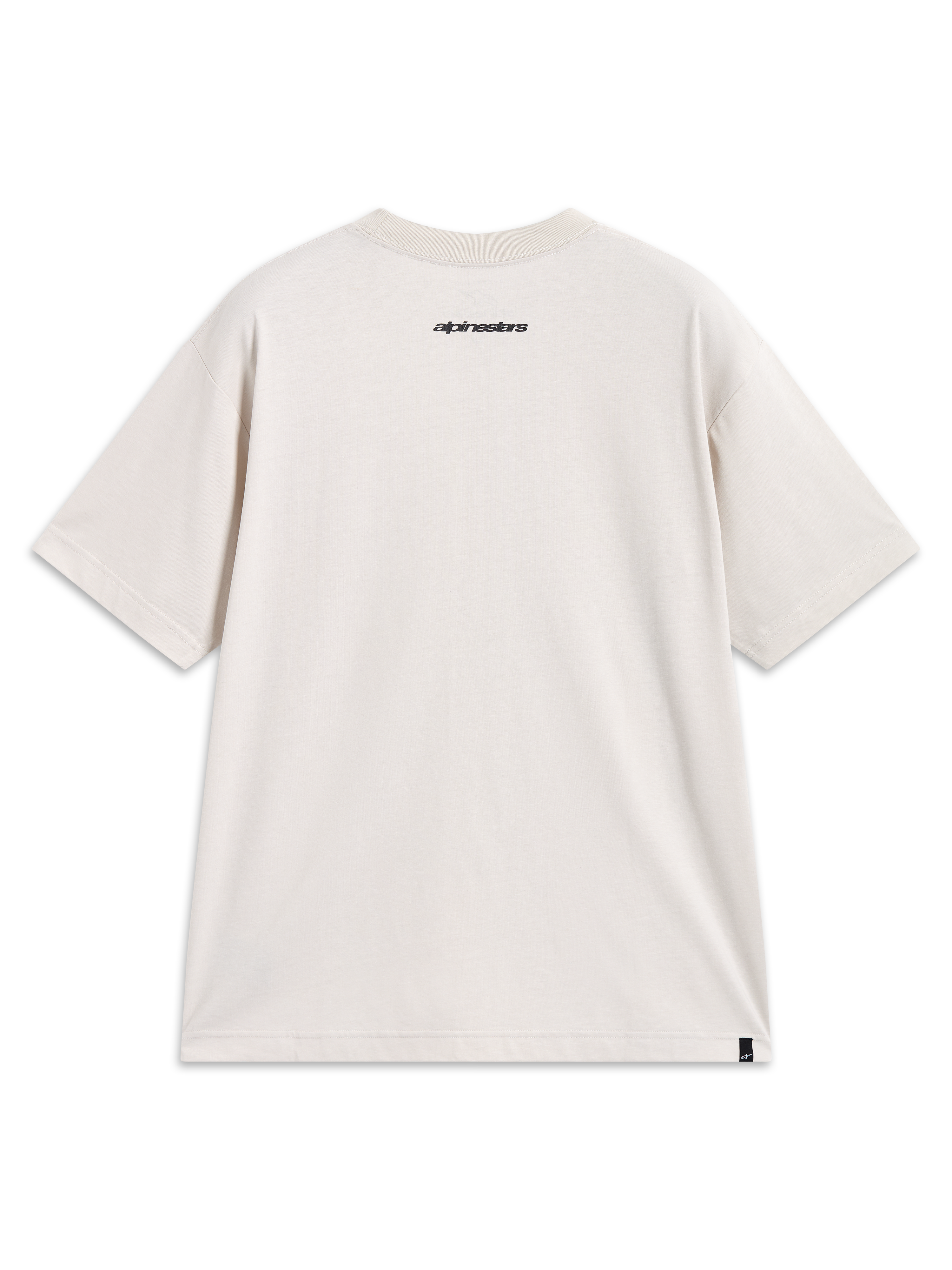 Alpinestars Mandate Oversized CSF Tee, kortärmad t-shirt för sport och fritid, beige, baksida med ordgrafik i nacken och logotypetikett nertill.