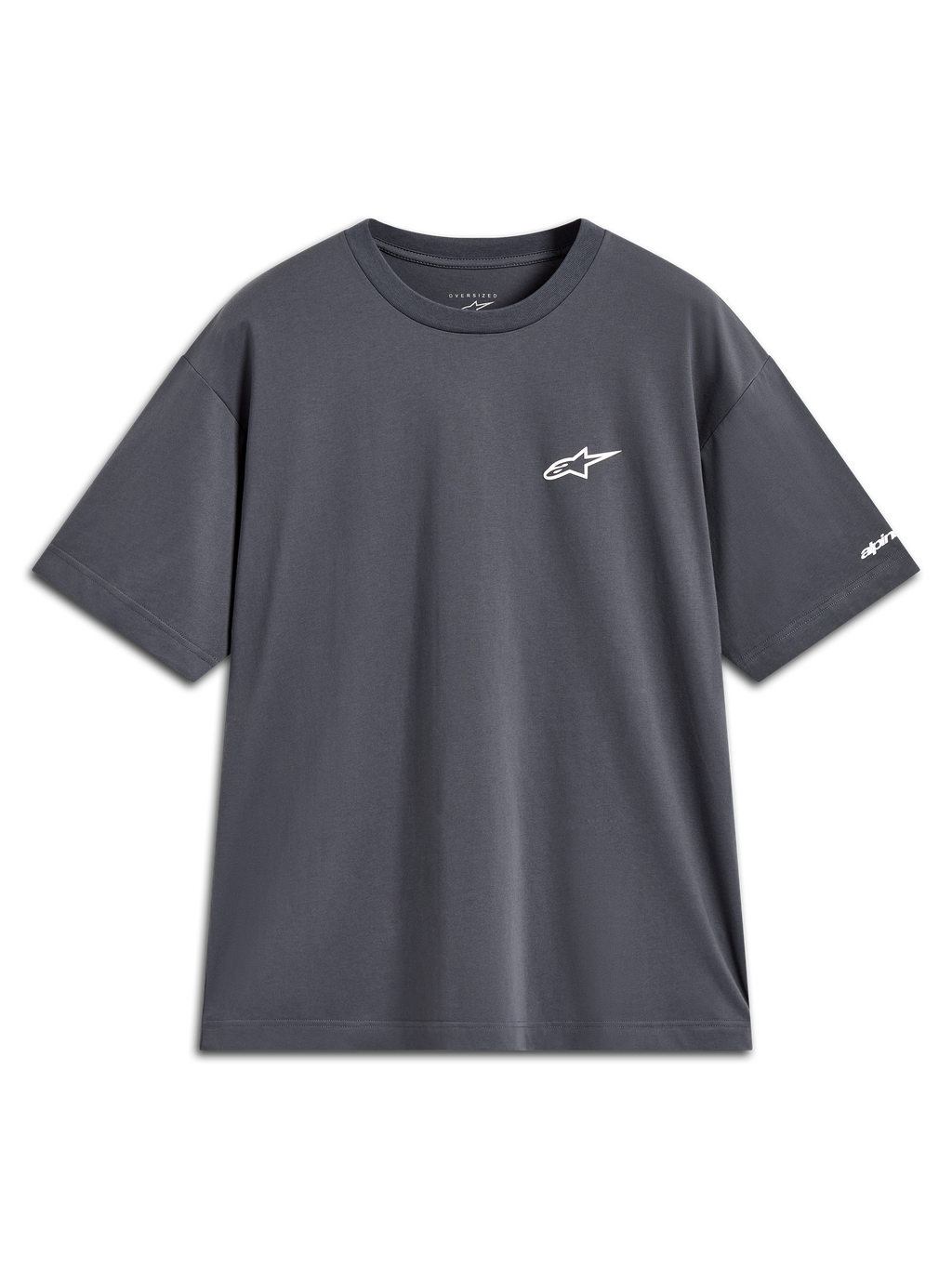 Alpinestars Mandate Oversized CSF t-shirt, mörkgrå kortärmad t-shirt med vit Astars-logotyp på bröstet och grafik på ärmen.