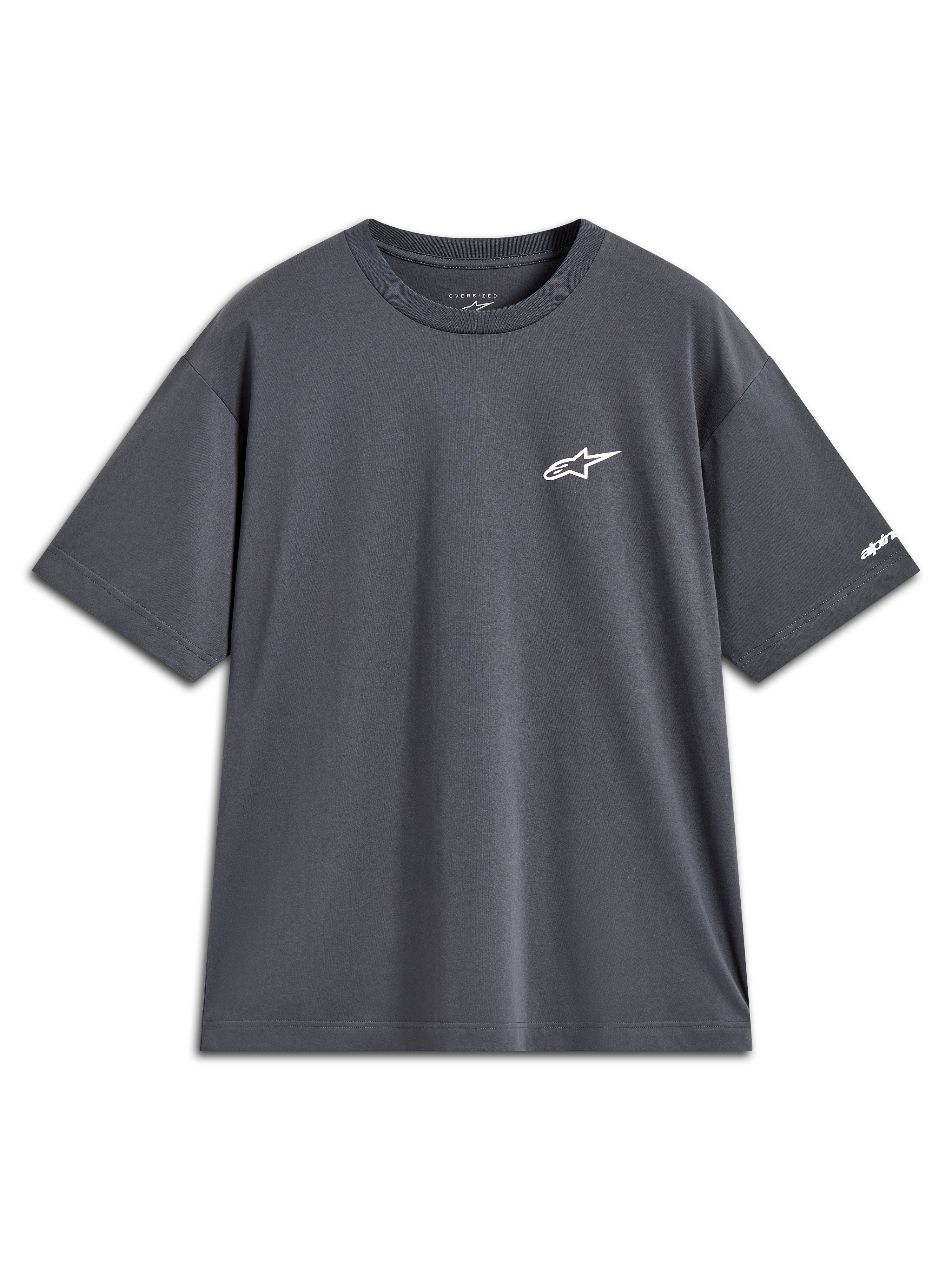 Alpinestars Mandate Oversized CSF t-shirt, mörkgrå kortärmad t-shirt med vit Astars-logotyp på bröstet och grafik på ärmen.