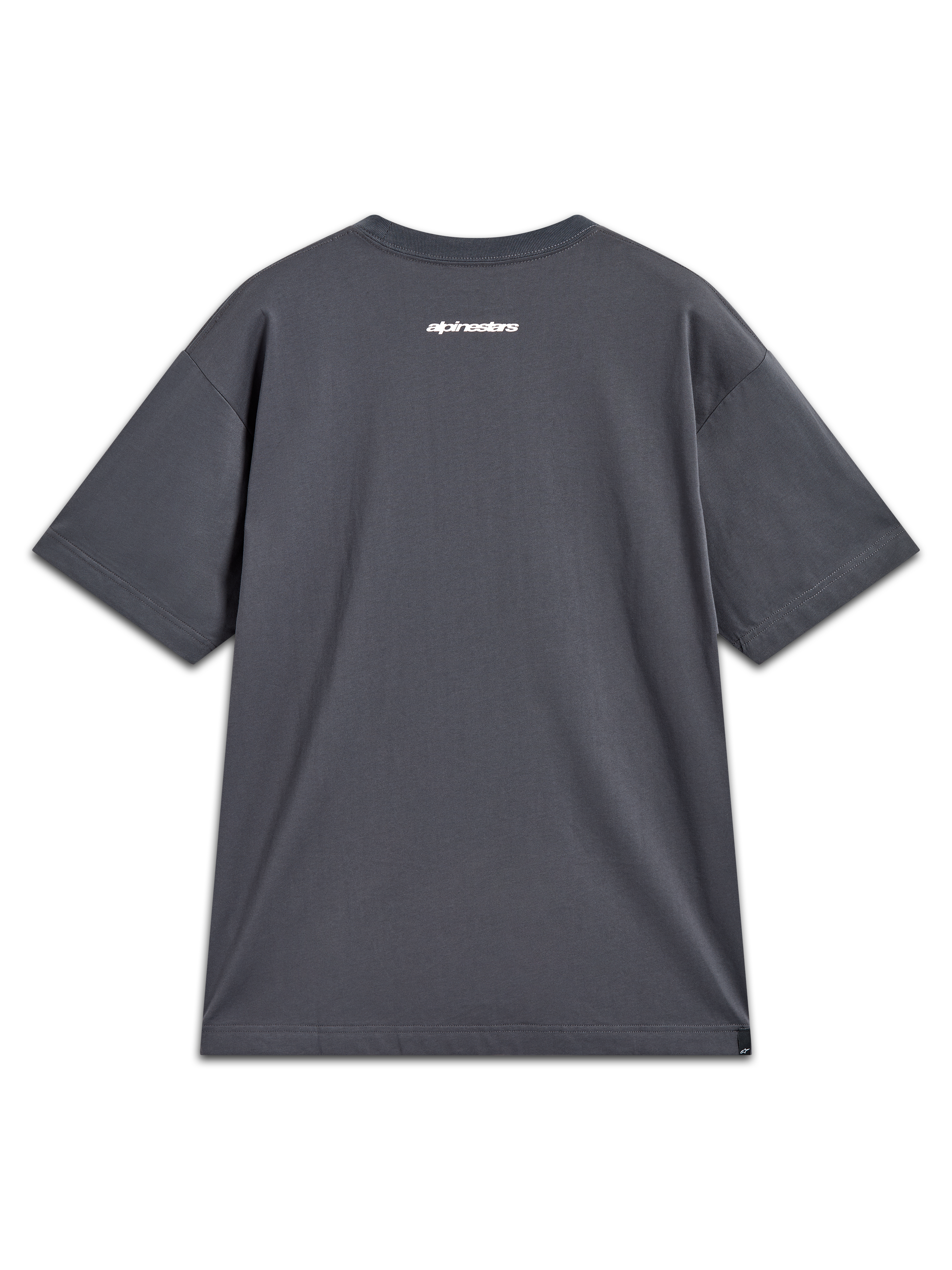 Alpinestars Mandate Oversized CSF t-shirt, kortärmad t-shirt, kolgrå med vit Alpinestars-logotyp på ryggen, oversized passform, vardagliga sportkläder