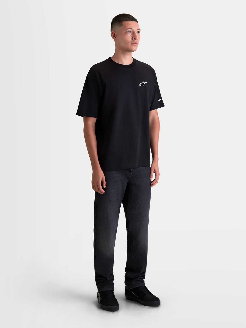 Alpinestars Mandate Oversized CSF Tee, Men's Sportswear Short Sleeve T-Shirt, Black with White puff-print logo, relaxed oversized fit, casual everyday apparel.
