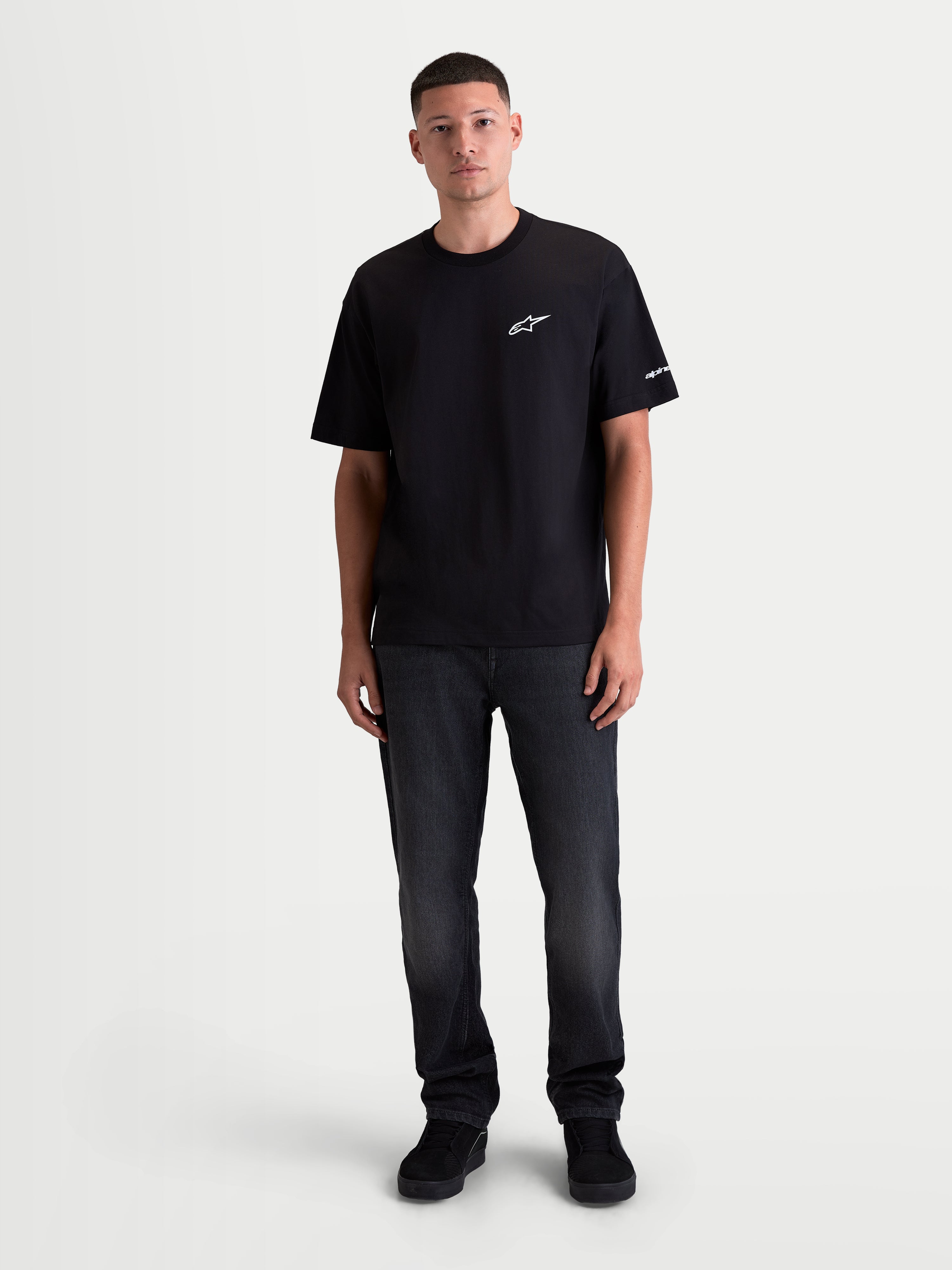 Alpinestars Mandate Oversized CSF Tee, Men's Casual Sportswear Short Sleeve T-Shirt, Black with White Chest Puff-Print Logo and Sleeve Graphics, Relaxed Oversized Fit, Cotton-Polyester Blend